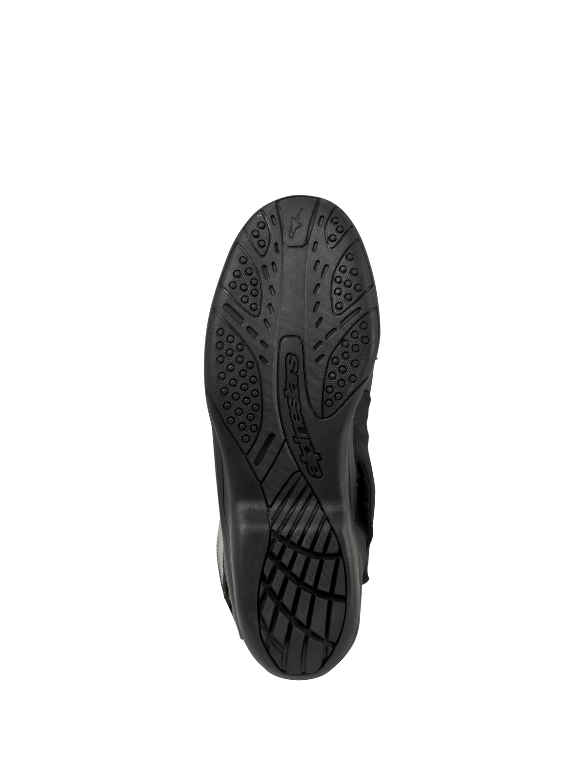 Stivali Alpinestars Web GORE-TEX, stivali da moto touring, nero, vista inferiore della suola con battistrada in gomma testurizzata per il grip e logo Alpinestars