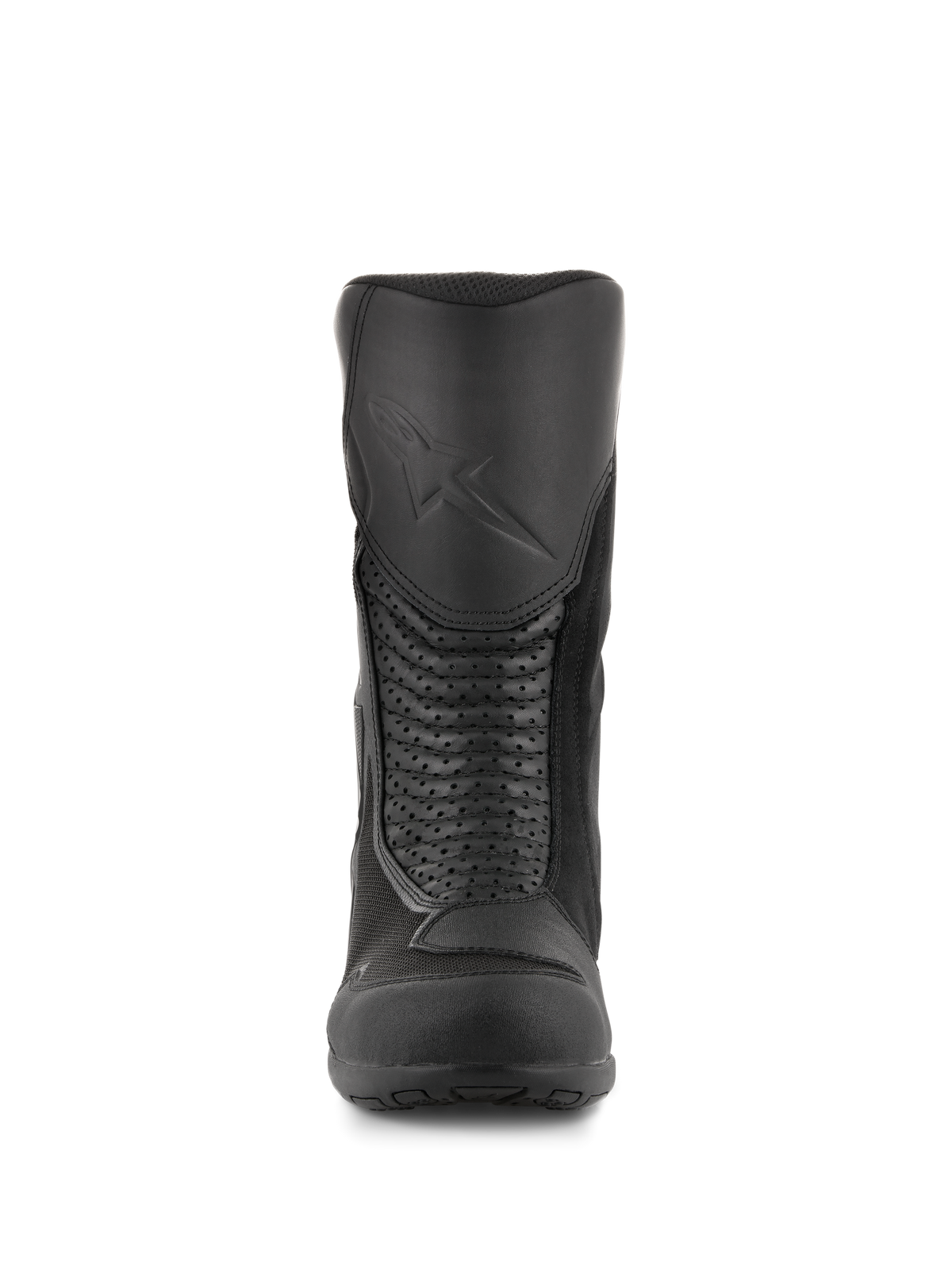 Stivali Alpinestars Air Plus V2 GORE-TEX, stivali da moto touring, nero, vista frontale che mostra il parastinchi sagomato con logo in rilievo, i pannelli a soffietto in pelle traforata per la flessibilità e gli inserti in mesh traspirante.