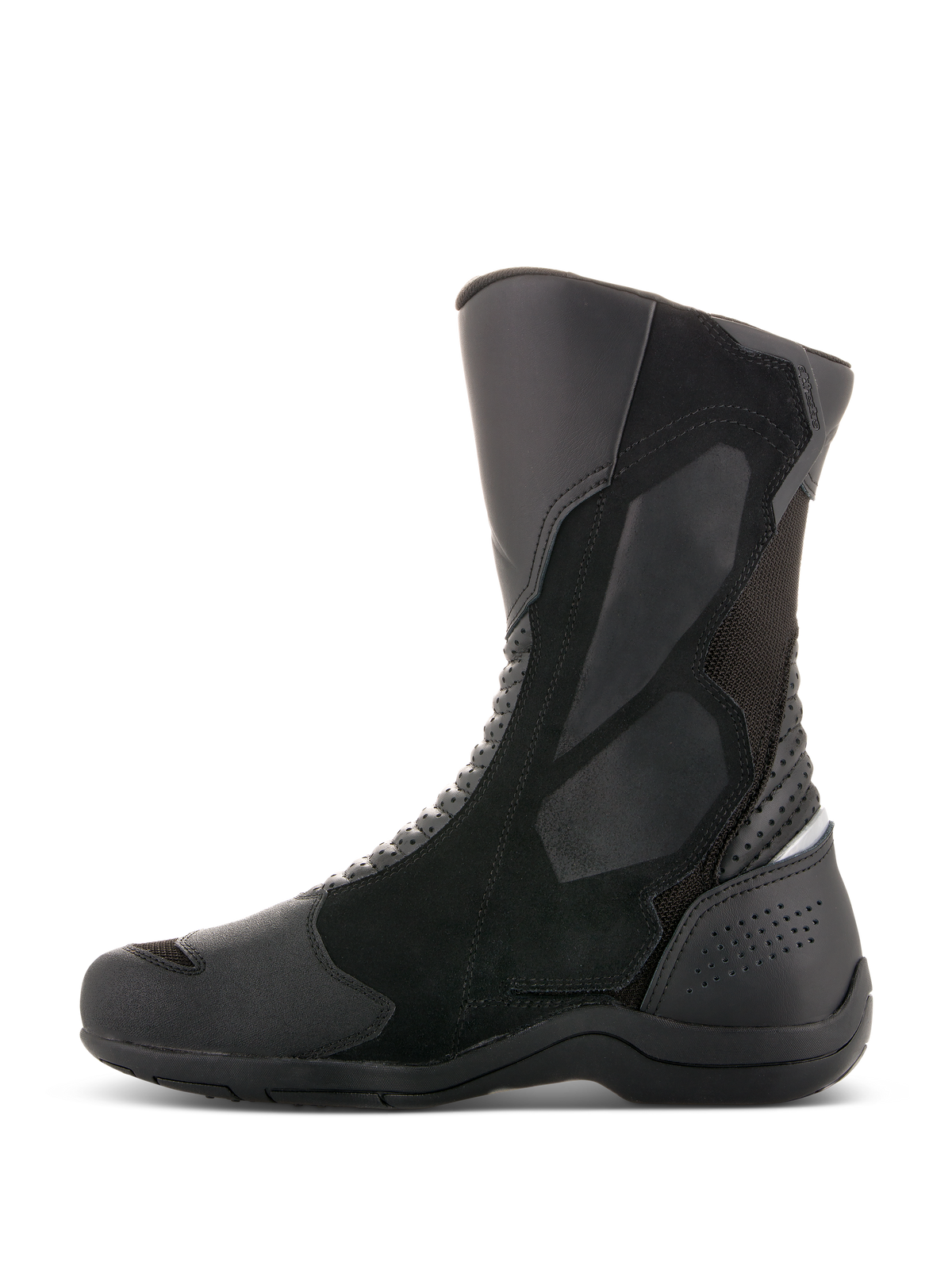 Stivali Alpinestars Air Plus V2 GORE-TEX, stivali da moto touring, nero, vista di profilo laterale, costruzione multi-materiale con pannelli in pelle e mesh ventilato, design a taglio alto con protezione rinforzata su tibia e tallone per la guida in ogni condizione meteorologica
