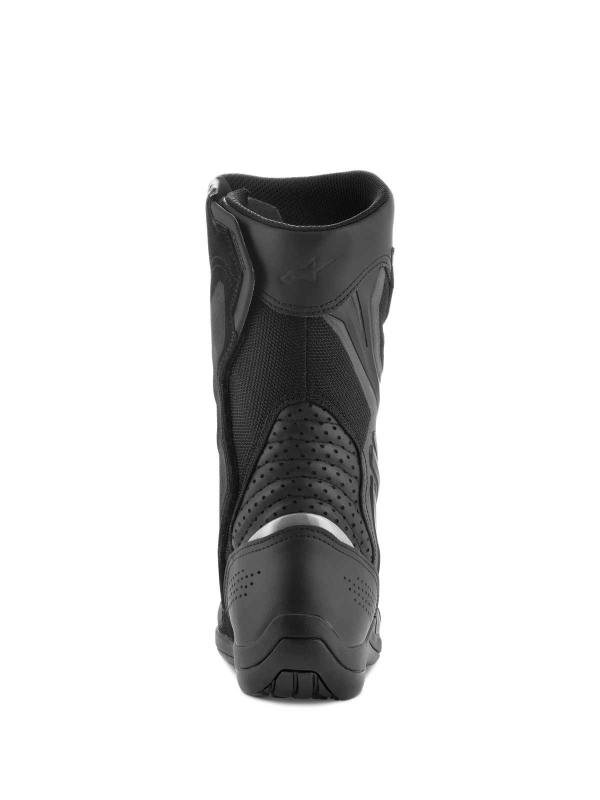 Stivali Alpinestars Air Plus V2 GORE-TEX, stivali da moto touring, nero, vista posteriore che mostra la zona del tallone e del polpaccio, con inserto catarifrangente argento, pannelli a soffietto in pelle traforata e costruzione in mesh traspirante