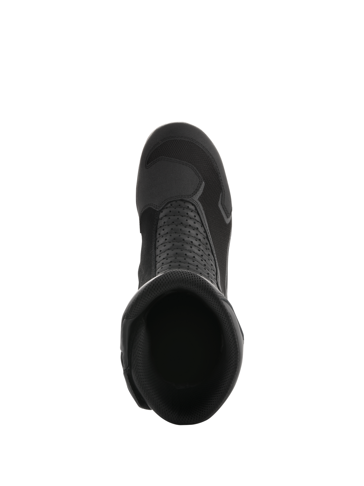 Stivali Alpinestars Air Plus V2 GORE-TEX, nero, vista dall'alto dell'apertura dello stivale, mostra la struttura in mesh traspirante, i pannelli in pelle traforata e il design aerodinamico per il mototurismo.