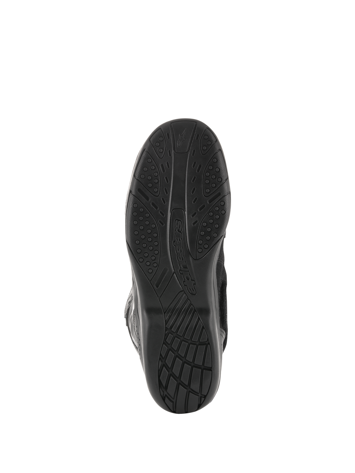 Stivali Alpinestars Air Plus V2 GORE-TEX, stivali da moto touring, nero, vista della suola che mostra l'esclusivo disegno del battistrada in mescola di gomma per grip e comfort, con logo Alpinestars