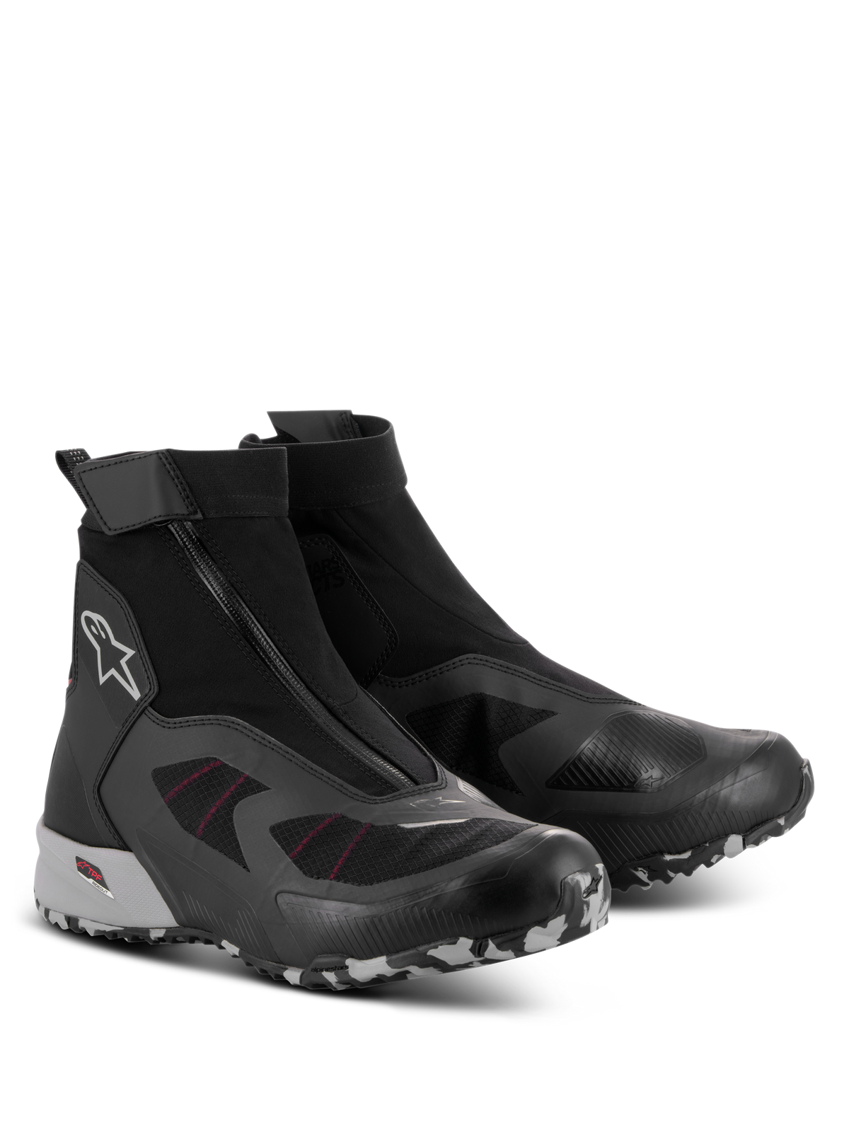 Scarpe Alpinestars CR-8 GORE-TEX, scarpe da moto impermeabili, nero, grigio medio e rosso brillante, con cerniera angolata, struttura a stivaletto elasticizzata e suola carrarmato con motivo camouflage
