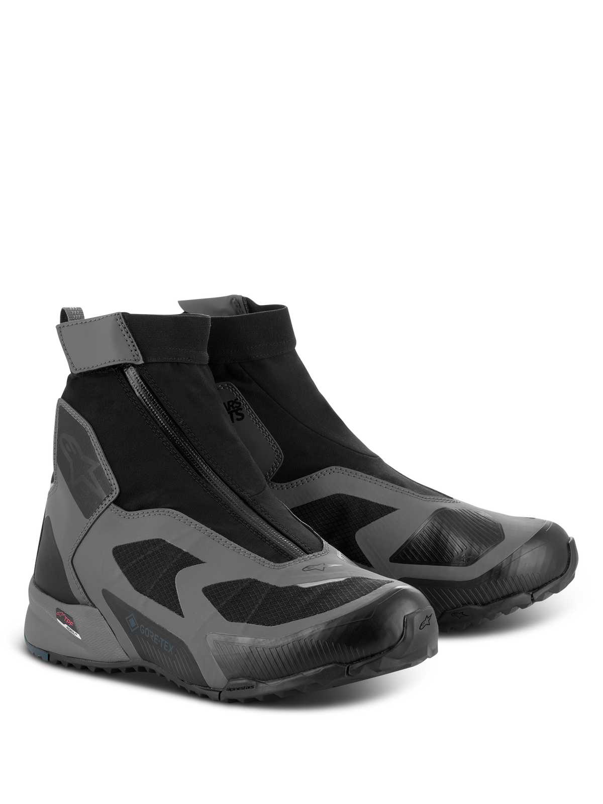 Scarpe Alpinestars CR-8 GORE-TEX, scarpe da moto, nero, grigio scuro e blu petrolio, caratterizzate da un design impermeabile a taglio alto con chiusura a cerniera angolata e marchio GORE-TEX