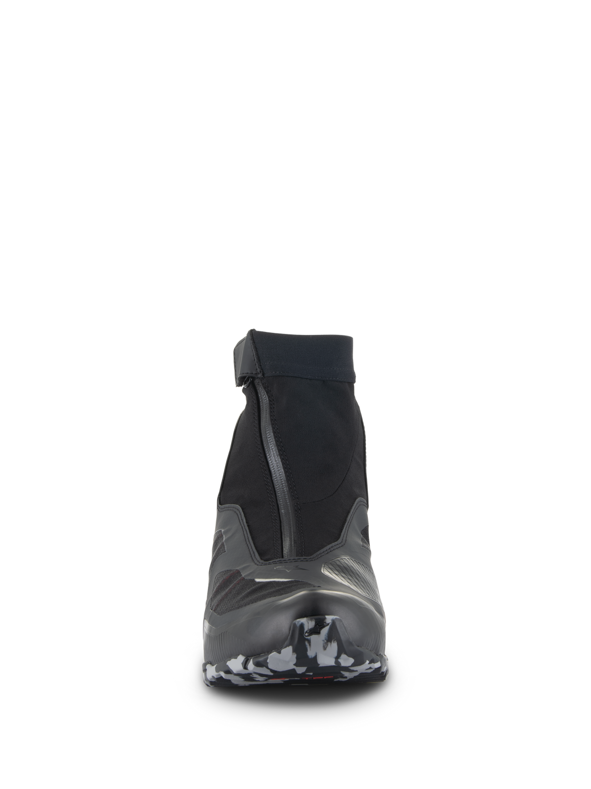 Scarpe Alpinestars CR-8 GORE-TEX, vista frontale, nero e grigio scuro, scarpa da moto dal taglio alto con cerniera impermeabile angolata, colletto elasticizzato e punta della suola testurizzata, calzatura tecnica da adventure touring