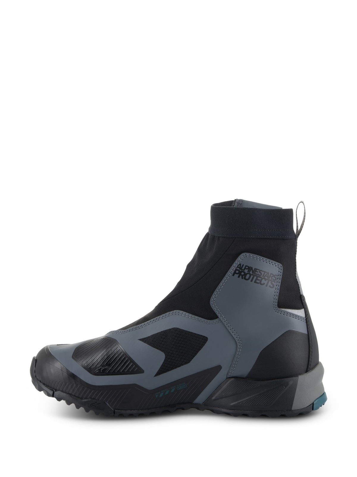 Scarpe Alpinestars CR-8 GORE-TEX, scarpe da moto, nero e grigio scuro, profilo laterale con stivaletto elasticizzato a taglio alto, sovrapposizioni protettive, logo 'ALPINESTARS PROTECTS' sulla caviglia e suola in gomma resistente, impermeabili e traspiranti per touring d'avventura.