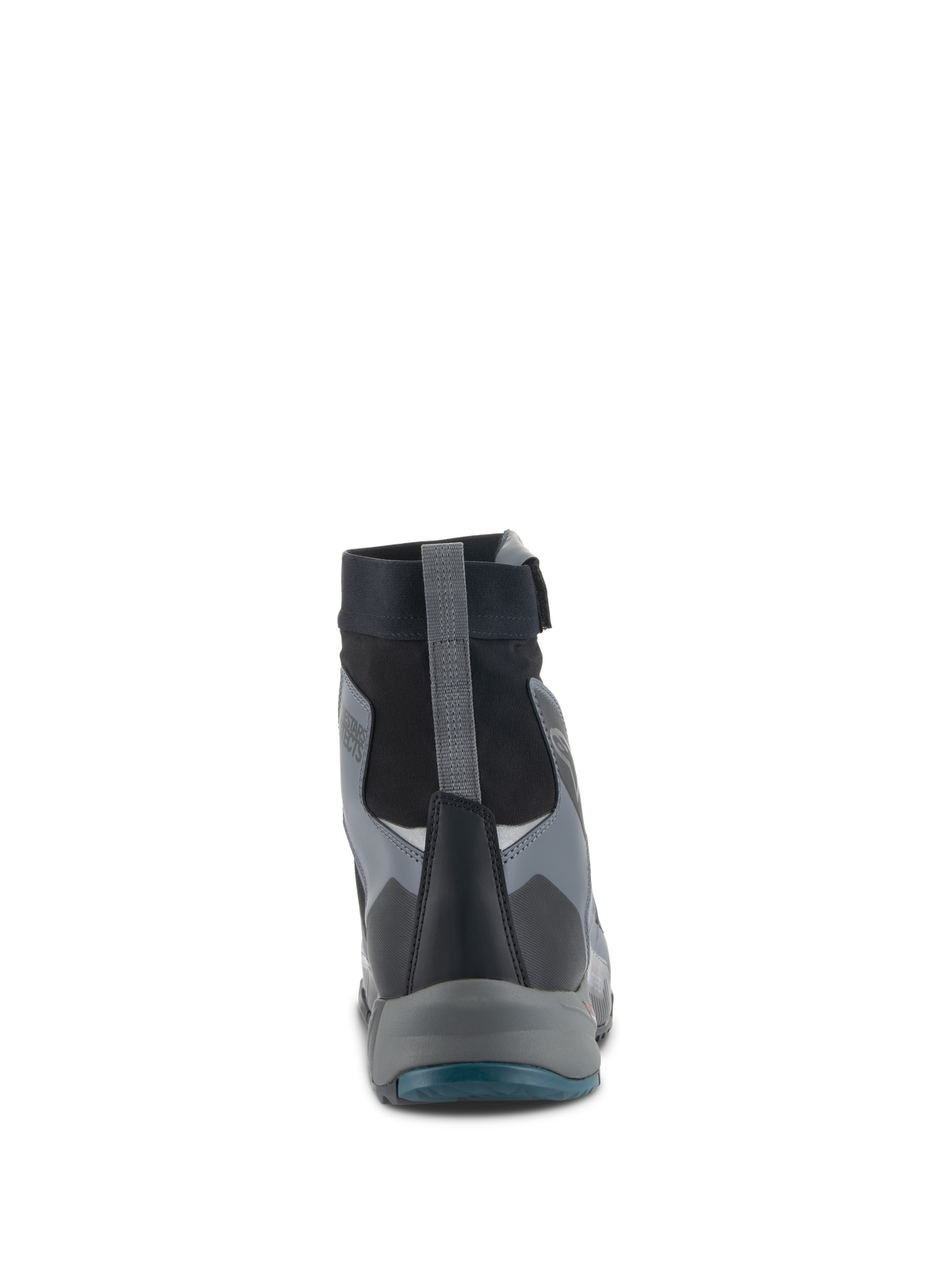 Scarpe Alpinestars CR-8 GORE-TEX, scarpe da moto, nero, grigio scuro e blu petrolio, vista posteriore con scarpetta impermeabile a taglio alto, linguetta grigia sul tallone e pannelli protettivi stratificati
