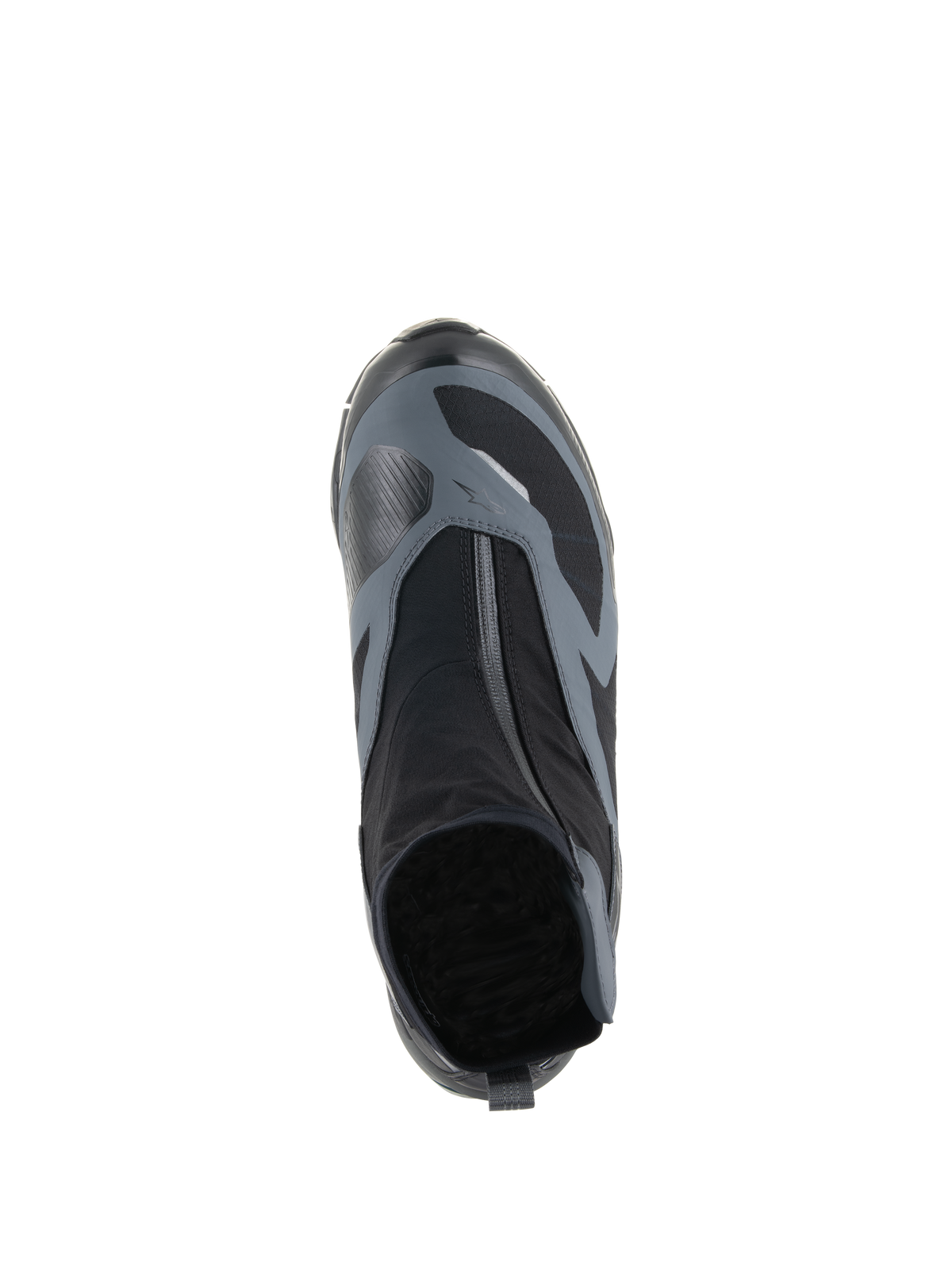 Scarpe Alpinestars CR-8 GORE-TEX, nero e grigio scuro, vista dall'alto che mostra la cerniera impermeabile angolata e la tomaia in tessuto tecnico, progettate per l'adventure touring.