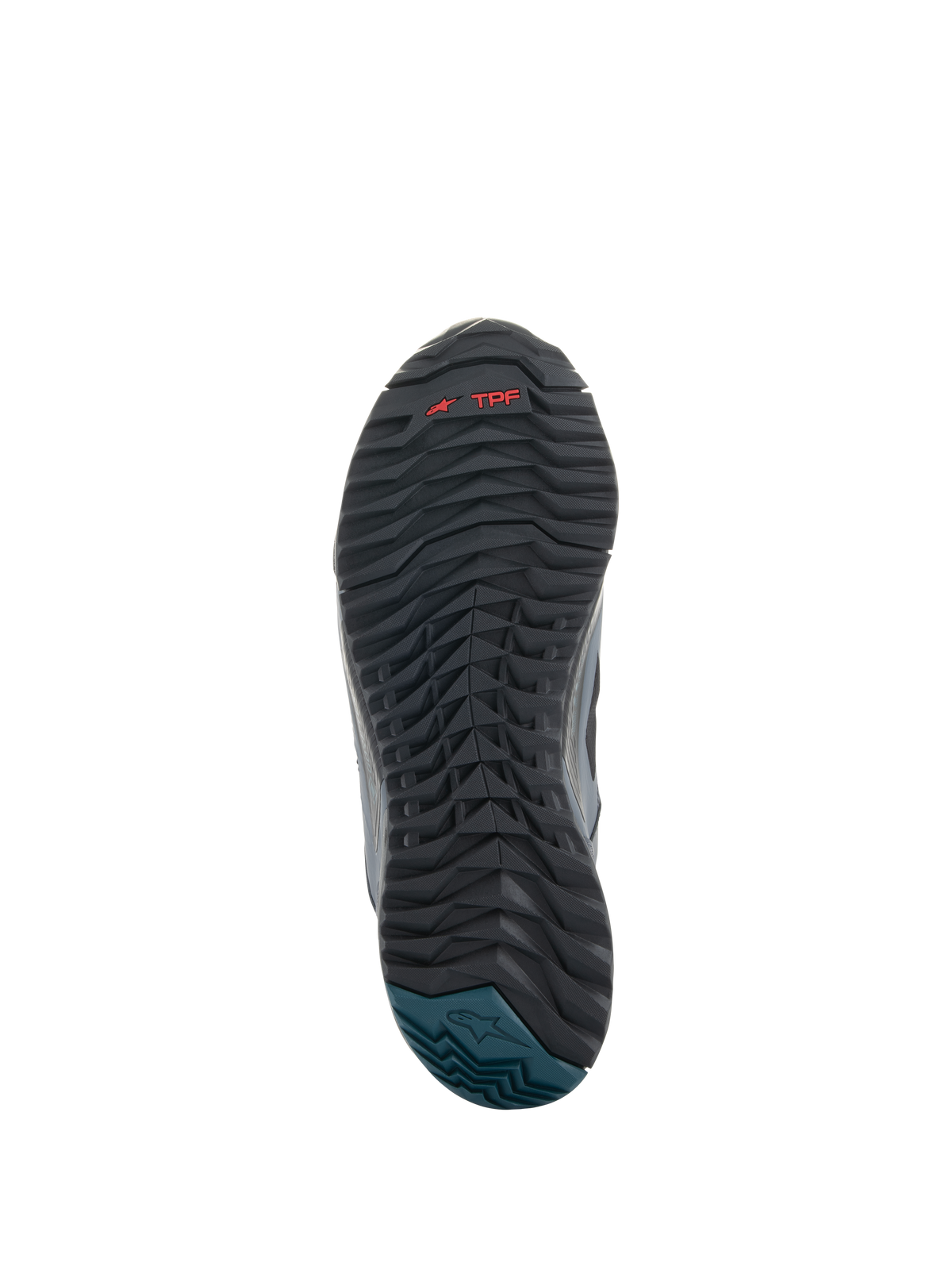 Alpinestars CR-8 GORE-TEX Shoes, vista della suola, suola esterna in gomma nera e grigio scuro con battistrada ondulato e testurizzato, logo TPF rosso, tallone Blu Petrolio con logo Alpinestars, design resistente per la guida in moto