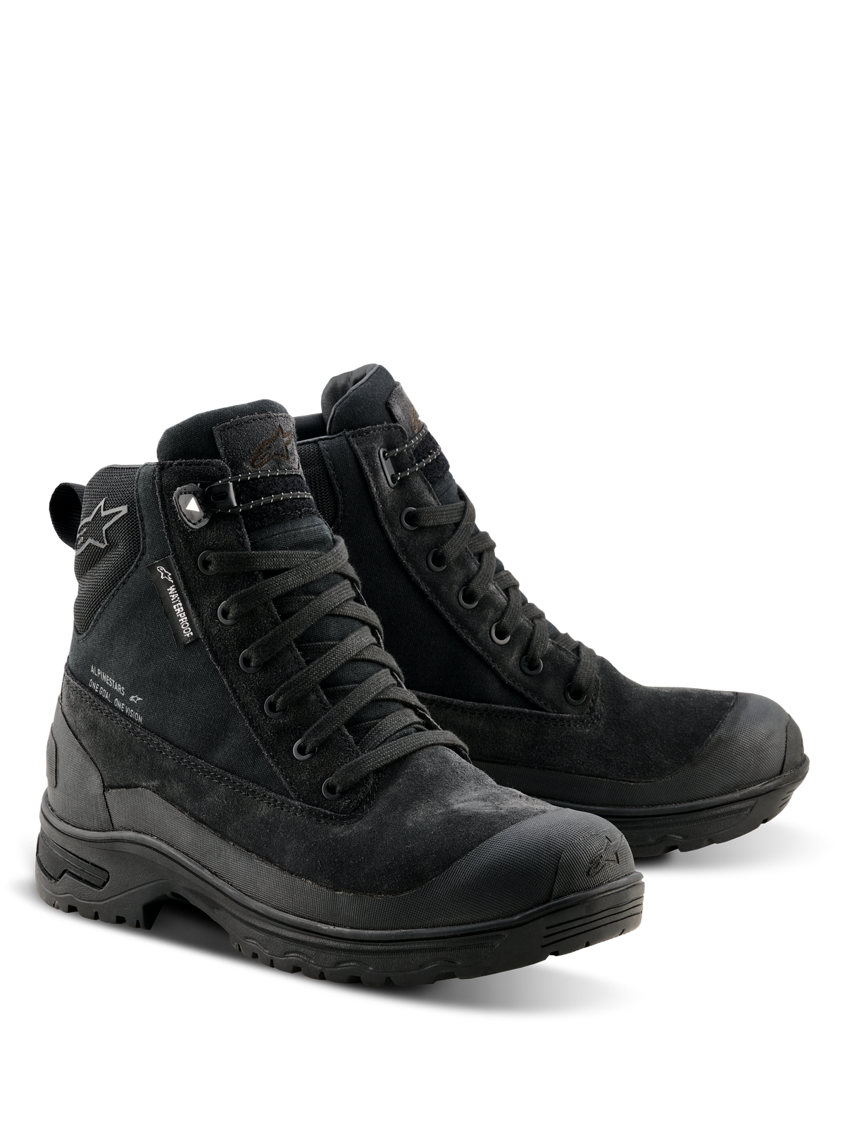 Alpinestars Woman Judy Waterproof Boots, stivali da moto neri, design d'ispirazione combat con chiusura stringata, dotati di etichetta waterproof, costruzione in pelle scamosciata e tessuto e suola in gomma resistente per il massimo comfort in sella e a piedi