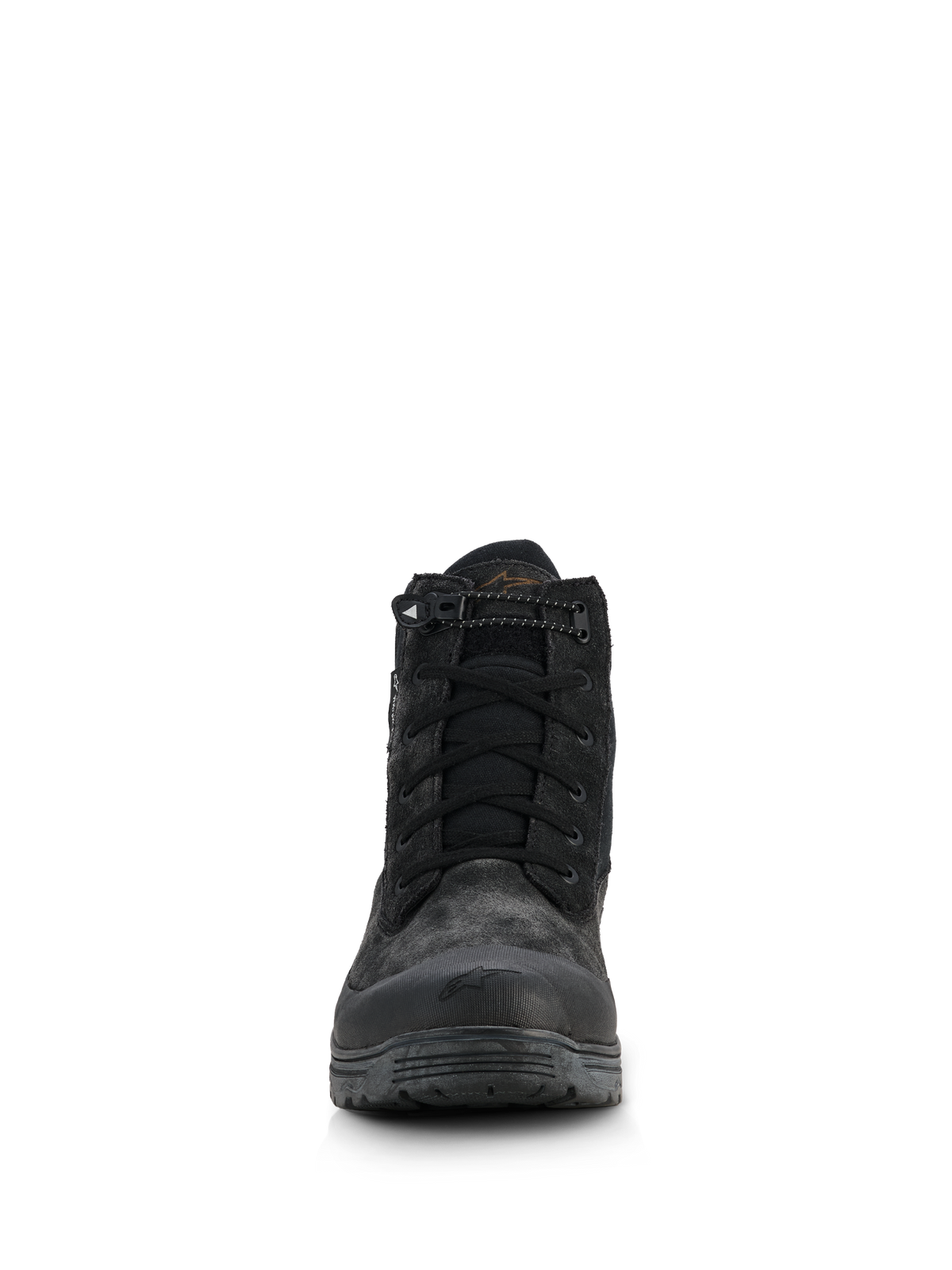 Alpinestars Stivali Woman Judy Waterproof, stivali da moto da donna, nero, vista frontale con design in stile combat, chiusura con lacci e cordoncino elastico sul colletto, finitura opaca con rinforzo in gomma sulla punta e suola rialzata