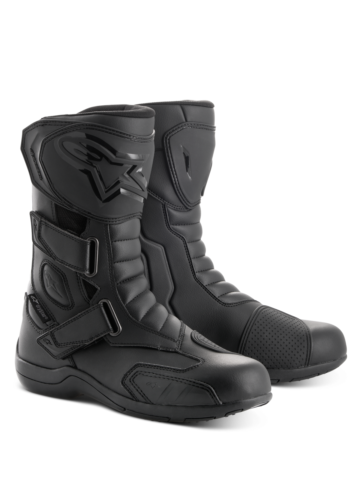 Stivali Alpinestars Radon Drystar®, stivali da moto touring, nero, con tre cinturini regolabili a strappo, placca parastinchi in TPU con logo in rilievo e protezione del cambio, robusta struttura in microfibra per guida su strada e adventure