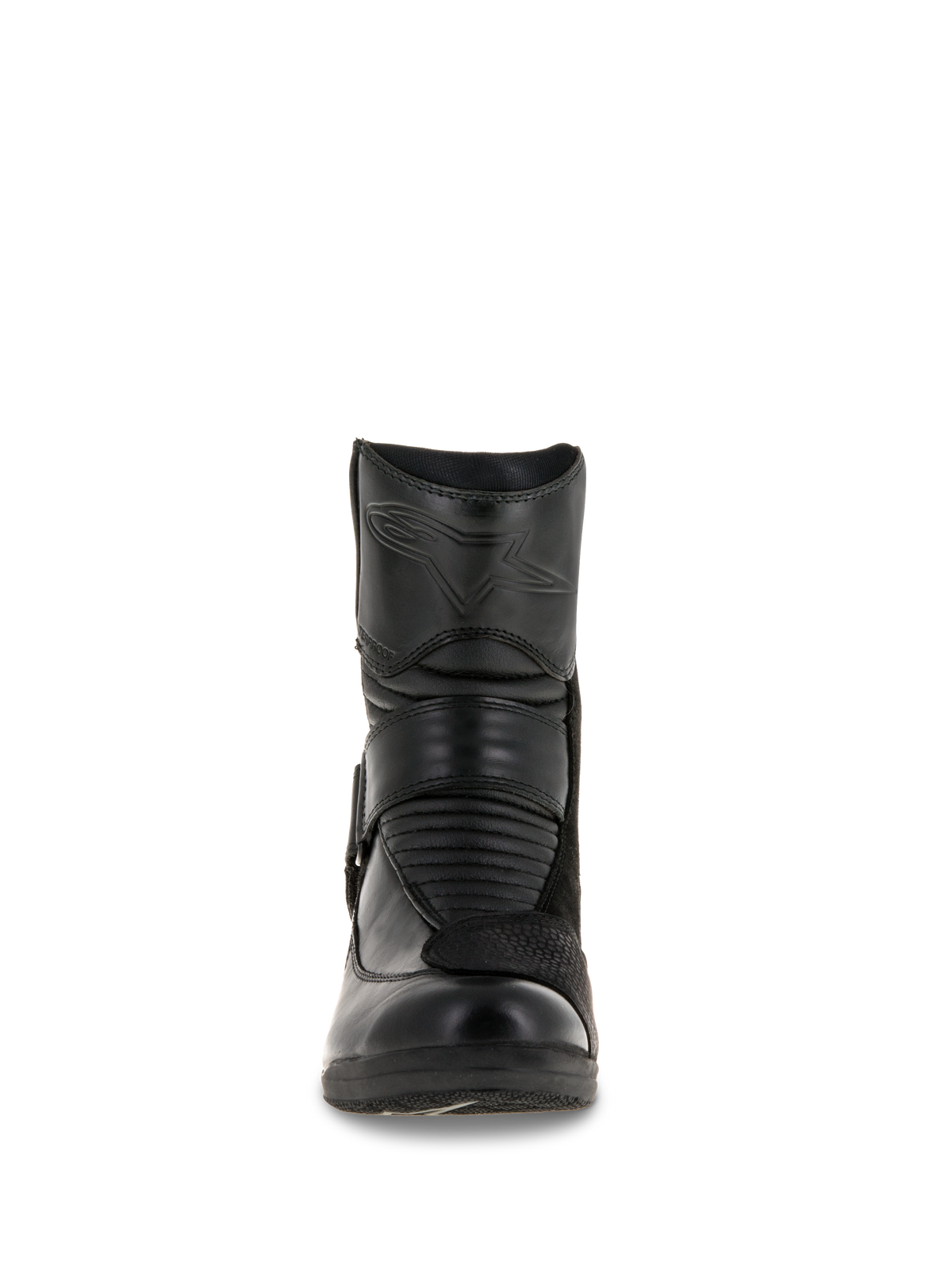 Alpinestars Stella Valencia Waterproof Boots da donna, vista frontale, costruzione in pelle nera, con zone di flessione a soffietto anteriori e logo a stella goffrato sullo stinco, stivale da touring motociclistico impermeabile a taglio basso