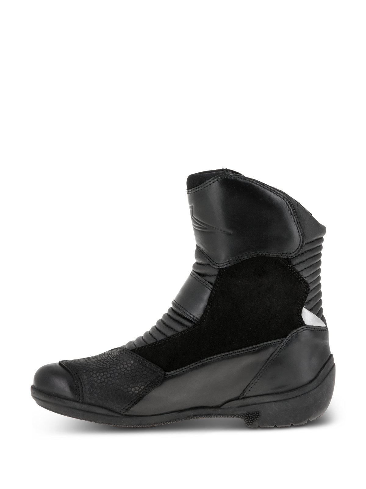 Stivali Alpinestars Stella Valencia Waterproof da donna, nero, vista laterale, design multi-pannello in pelle e scamosciato, zone di flessione a soffietto anteriori e posteriori, stivale da moto touring a taglio basso
