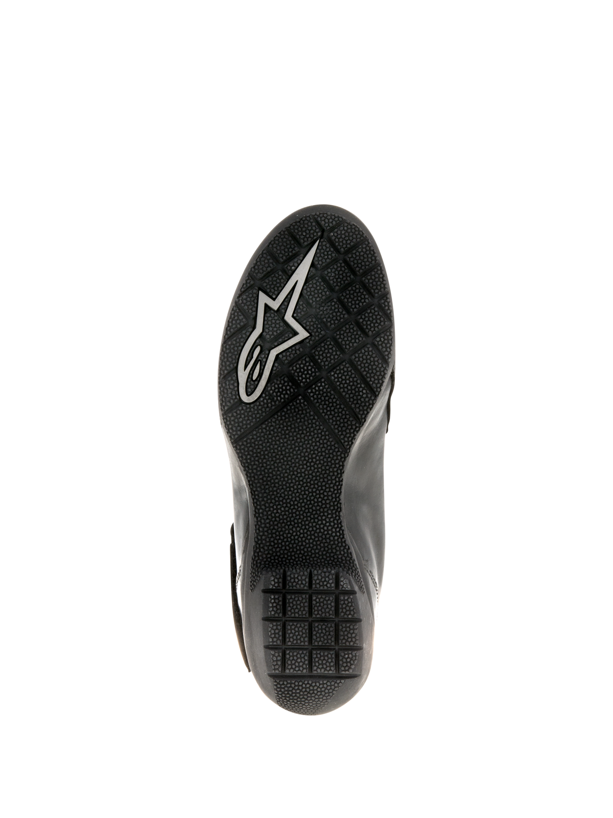 Alpinestars Stivali Stella Valencia Waterproof da donna, nero, vista della suola in gomma testurizzata con motivo grip antiscivolo e logo Astars bianco, progettati per la stabilità nel touring
