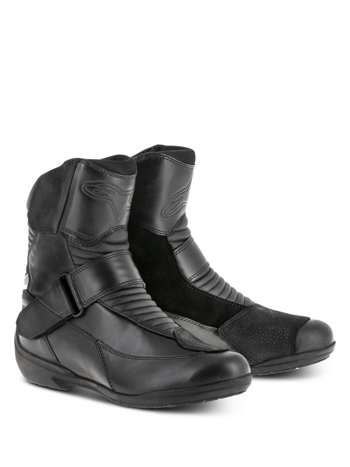 Alpinestars Stella Valencia Waterproof Boots da donna, nero, stivali da touring a taglio basso con pannelli in pelle e scamosciato, zone di flessione a soffietto e cinturino con fibbia sul collo del piede, calzature da moto impermeabili per donna