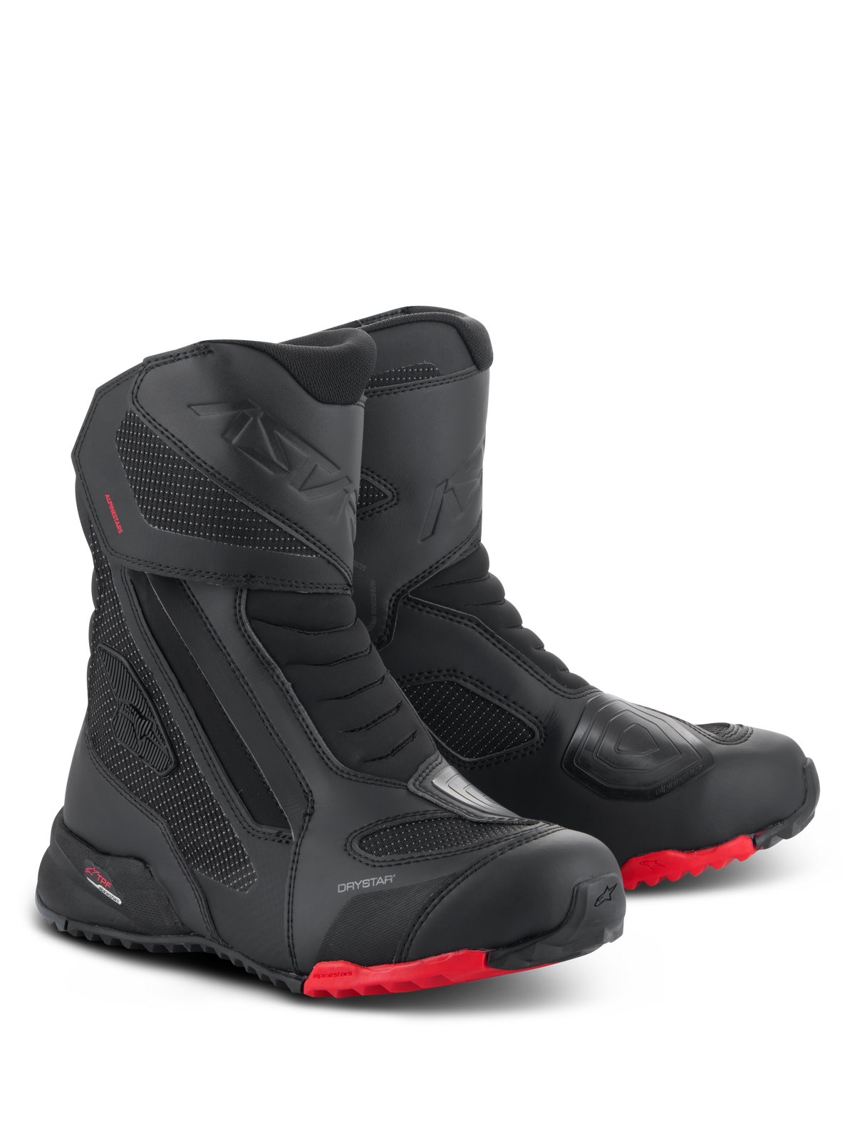 Stivali Alpinestars RT-7 Drystar, stivali da moto touring, nero e rosso, con membrana impermeabile Drystar, robusta costruzione in tessuto e microfibra, suole carrarmato rosse e zone protettive rinforzate per avventure all-terrain