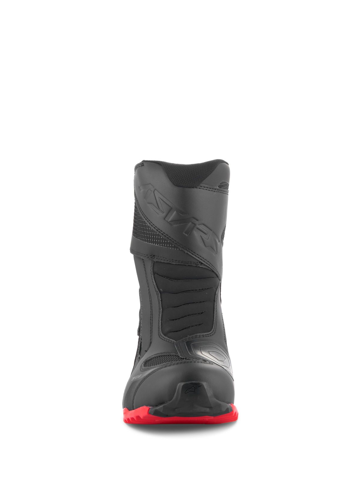 Stivali Alpinestars RT-7 Drystar®, stivali da moto touring, nero e rosso, vista frontale, con punta rinforzata, paracambio con stampa 3D e suola a carrarmato rosso acceso, calzatura impermeabile per guida adventure