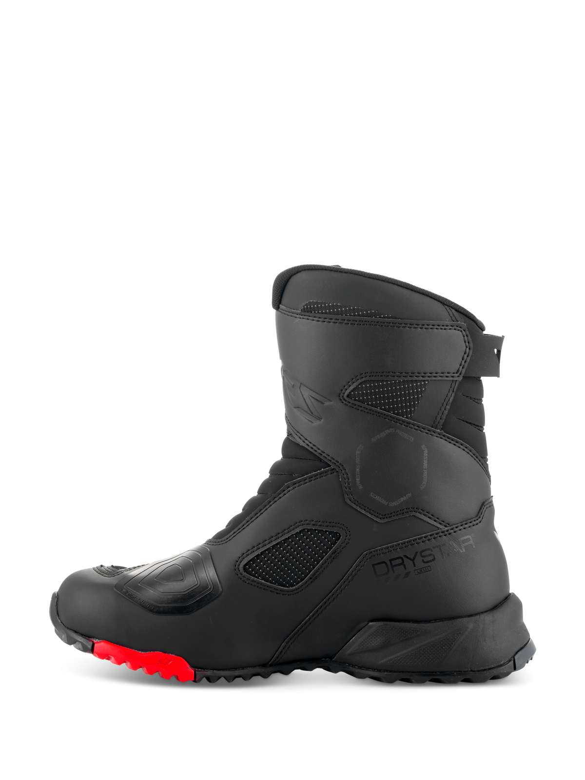 Alpinestars RT-7 Drystar® Boots, stivali da moto touring, nero e rosso, vista laterale con logo Drystar, paraleva rinforzato e suola carrarmato con accenti rossi per guida adventure
