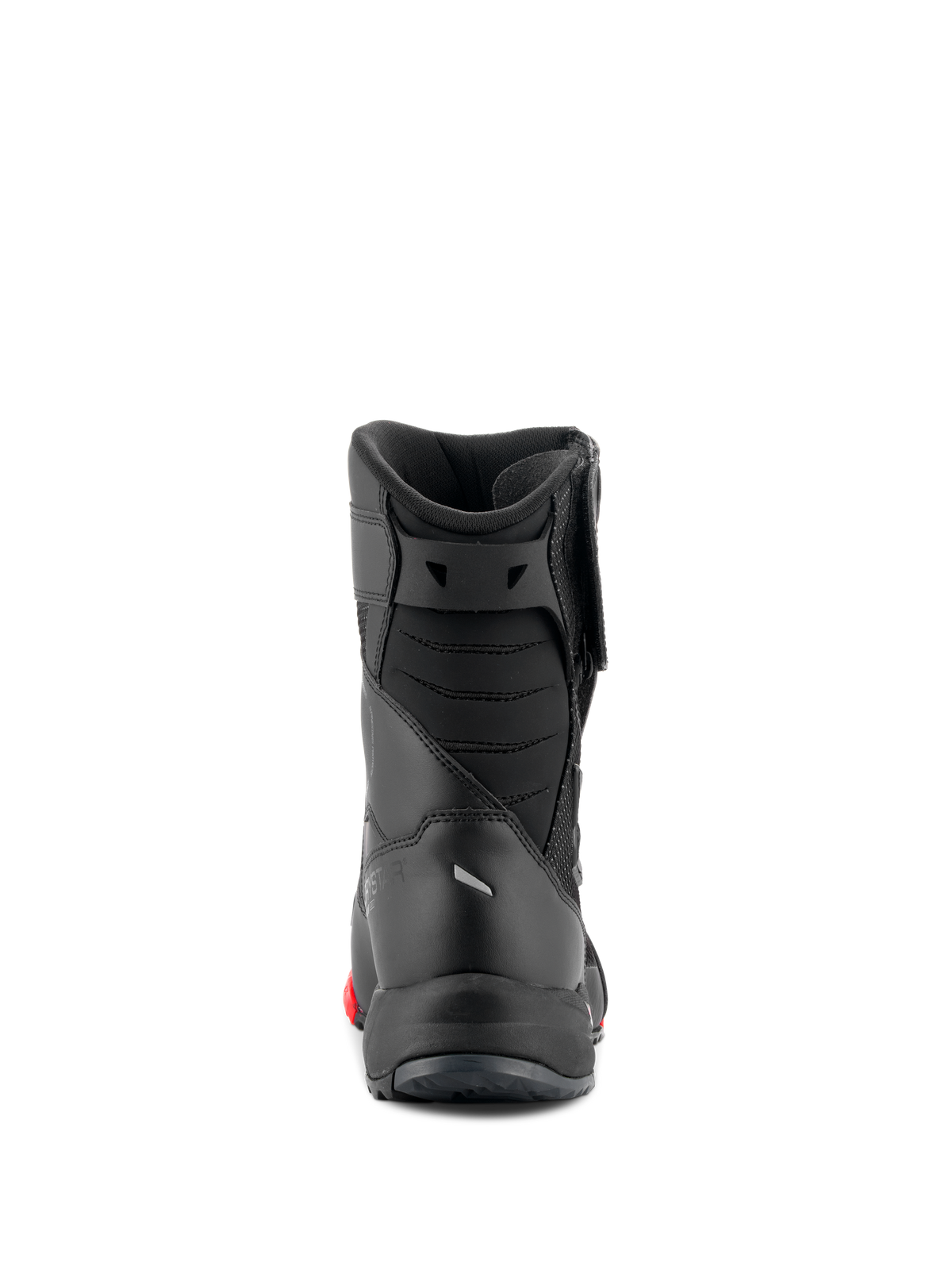 Stivali Alpinestars RT-7 Drystar®, stivali da moto touring, nero e rosso, vista posteriore che mostra il soffietto imbottito del tallone d'Achille e la costruzione sottile, calzature protettive impermeabili per strada e avventura