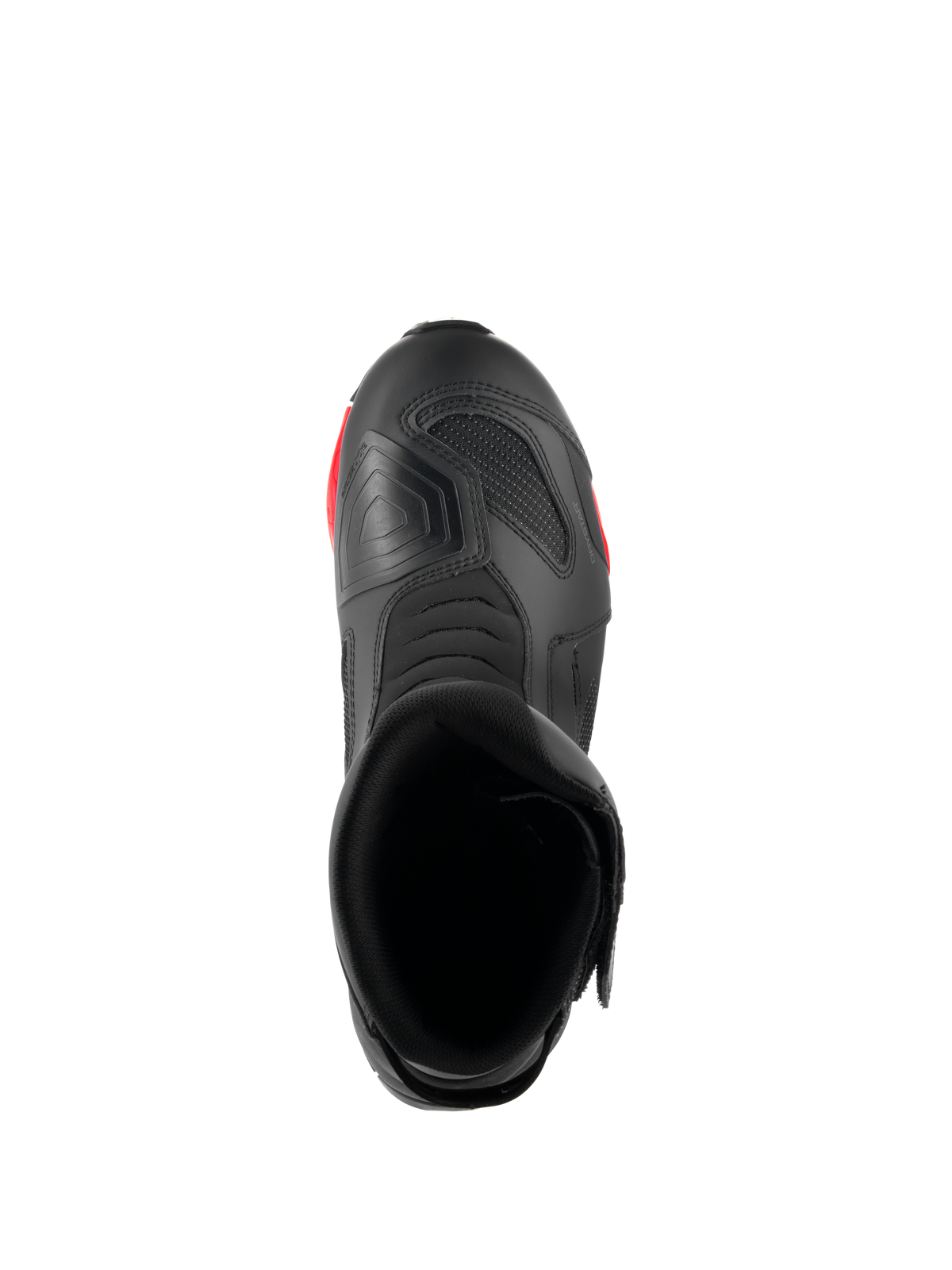 Alpinestars stivali RT-7 Drystar®, stivali da moto touring, nero e rosso, vista dall'alto che mostra l'apertura dello stivale, l'interno e il paracambio testurizzato sulla punta