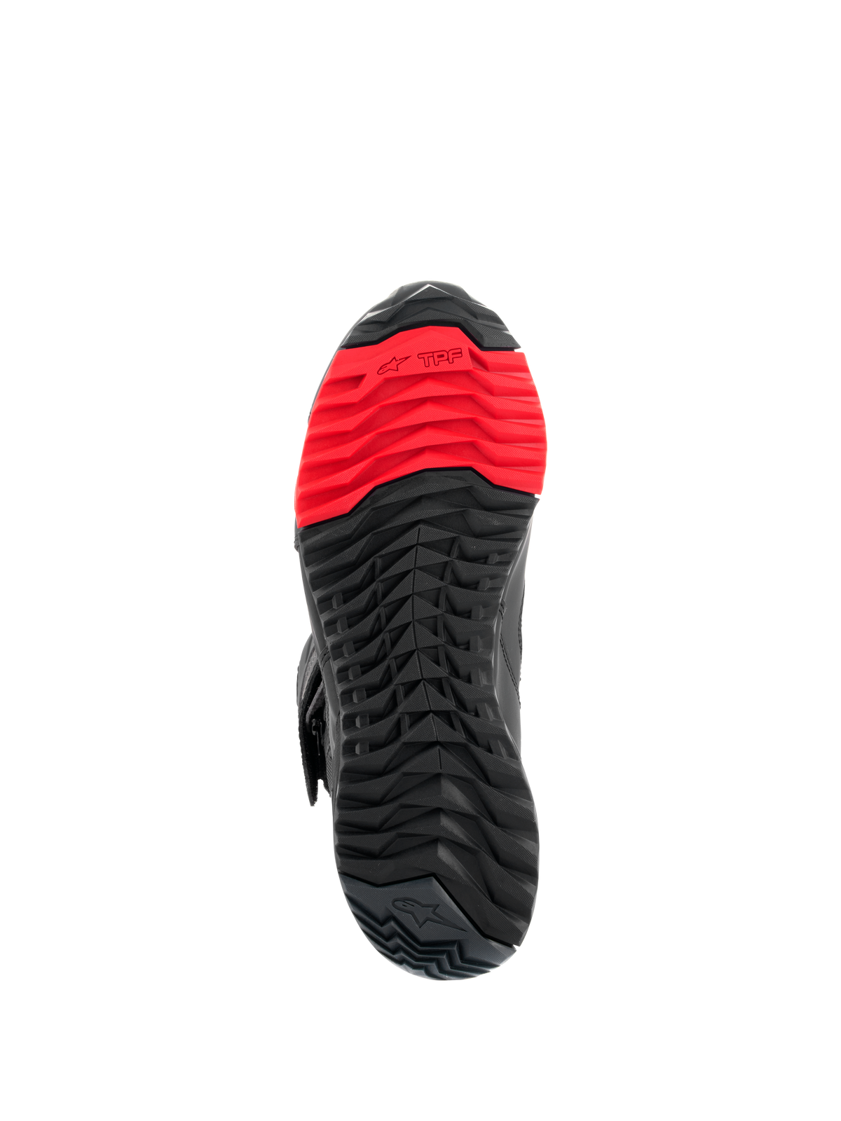 Stivali Alpinestars RT-7 Drystar®, vista della suola, robusto battistrada tassellato nero e rosso, con logo TPF Transversal Protection Frame sull'avampiede, progettati per il comfort in sella e a piedi