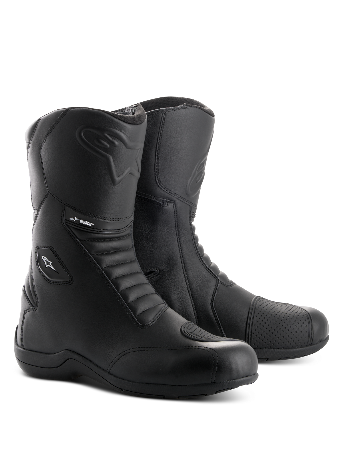 Alpinestars Andes V2 Drystar Boots, stivali da moto touring neri, costruzione in pelle impermeabile con pannelli a soffietto anteriori e posteriori, chiusura laterale con zip e patta, logo Alpinestars in rilievo e marchio Drystar, calzature resistenti per guida su strada e adventure.