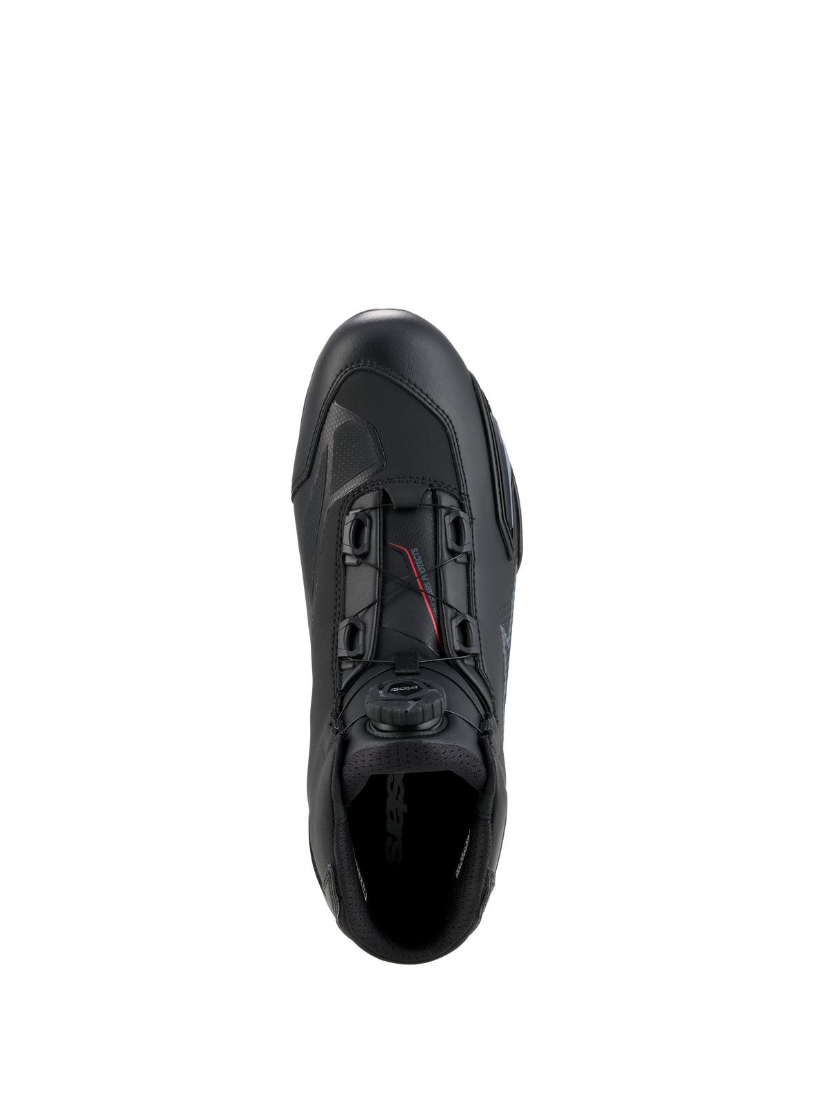 Alpinestars Scarpe Celer, scarpe da moto, nero e grigio scuro, vista dall'alto che mostra la rotella e i cavi del sistema di chiusura Rotor, costruzione in microfibra tecnica con profilo racing snello, calzature sportive protettive