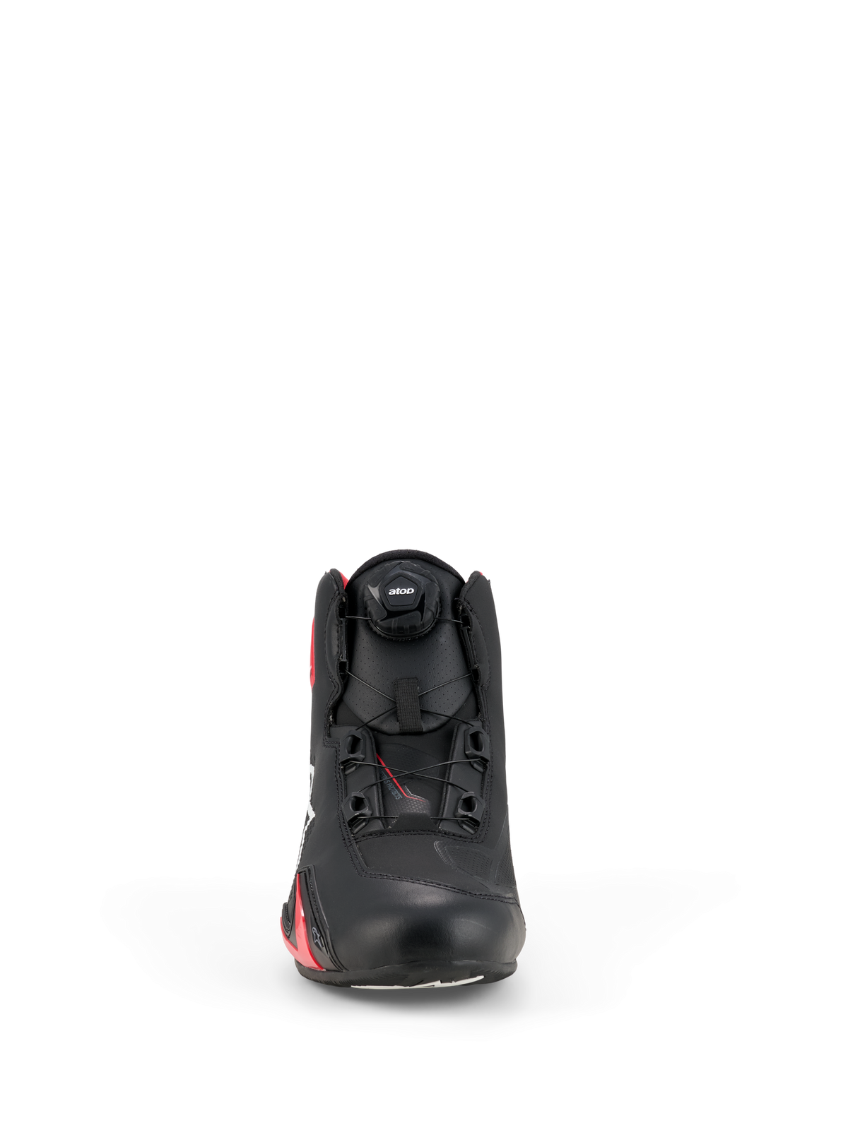 Alpinestars Scarpe Celer, scarpe da moto, nero e rosso brillante, vista frontale con sistema di chiusura a rotore, tomaia in microfibra tecnica e design aerodinamico ispirato alle corse