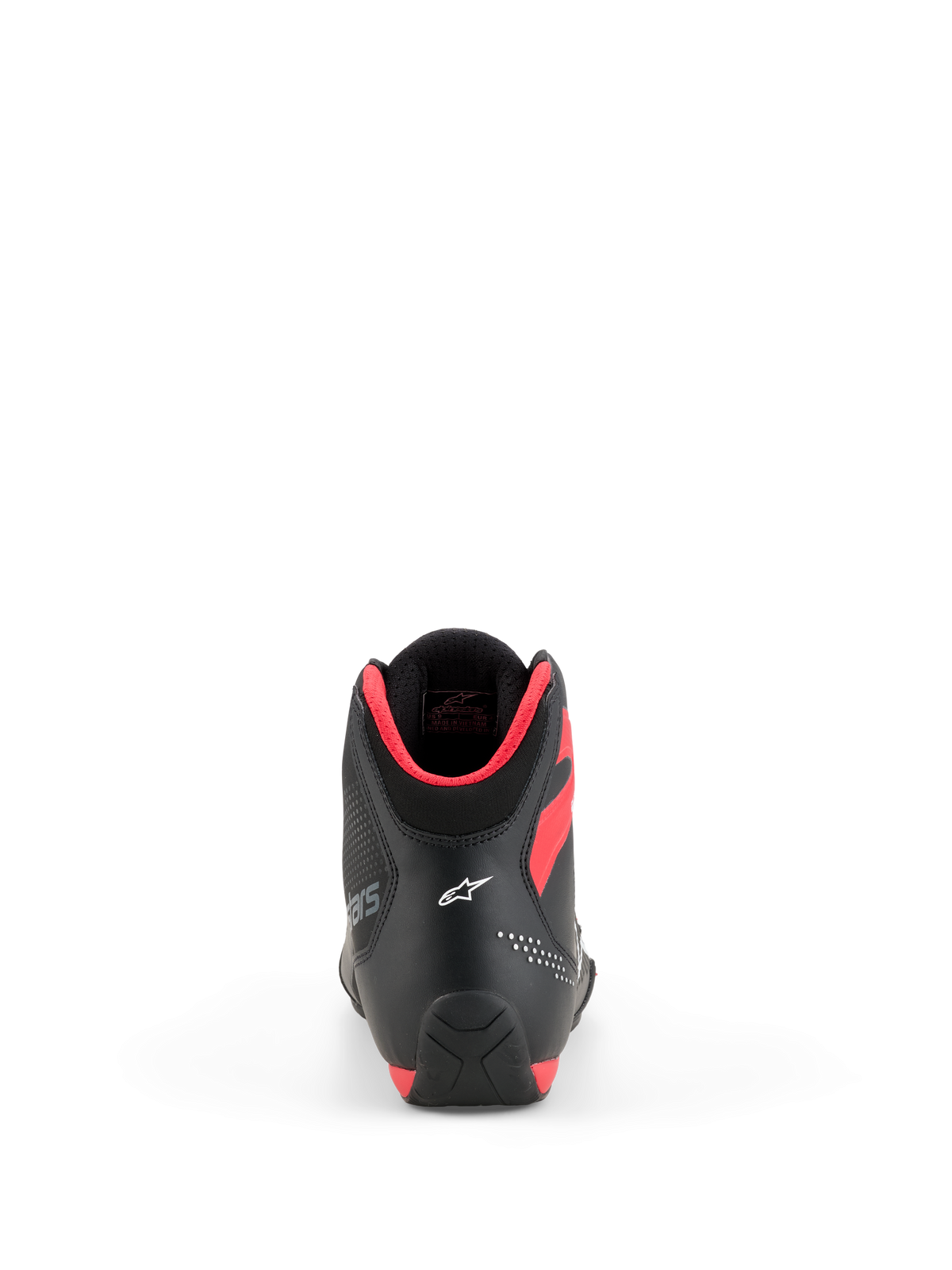 Scarpe Alpinestars Celer, scarpe da moto, nero e rosso acceso, vista posteriore con logo Astar bianco sul tallone e imbottitura del colletto in rosso acceso, design sportivo e performante