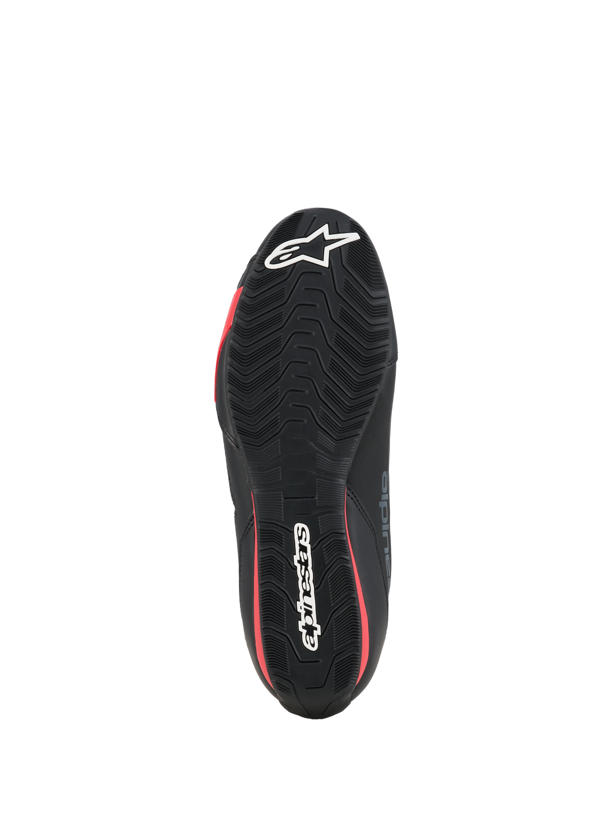 Alpinestars Scarpe Celer, scarpe da moto, nero e rosso acceso, vista dal basso che mostra la suola in gomma testurizzata con logo Alpinestars bianco e accenti rossi.