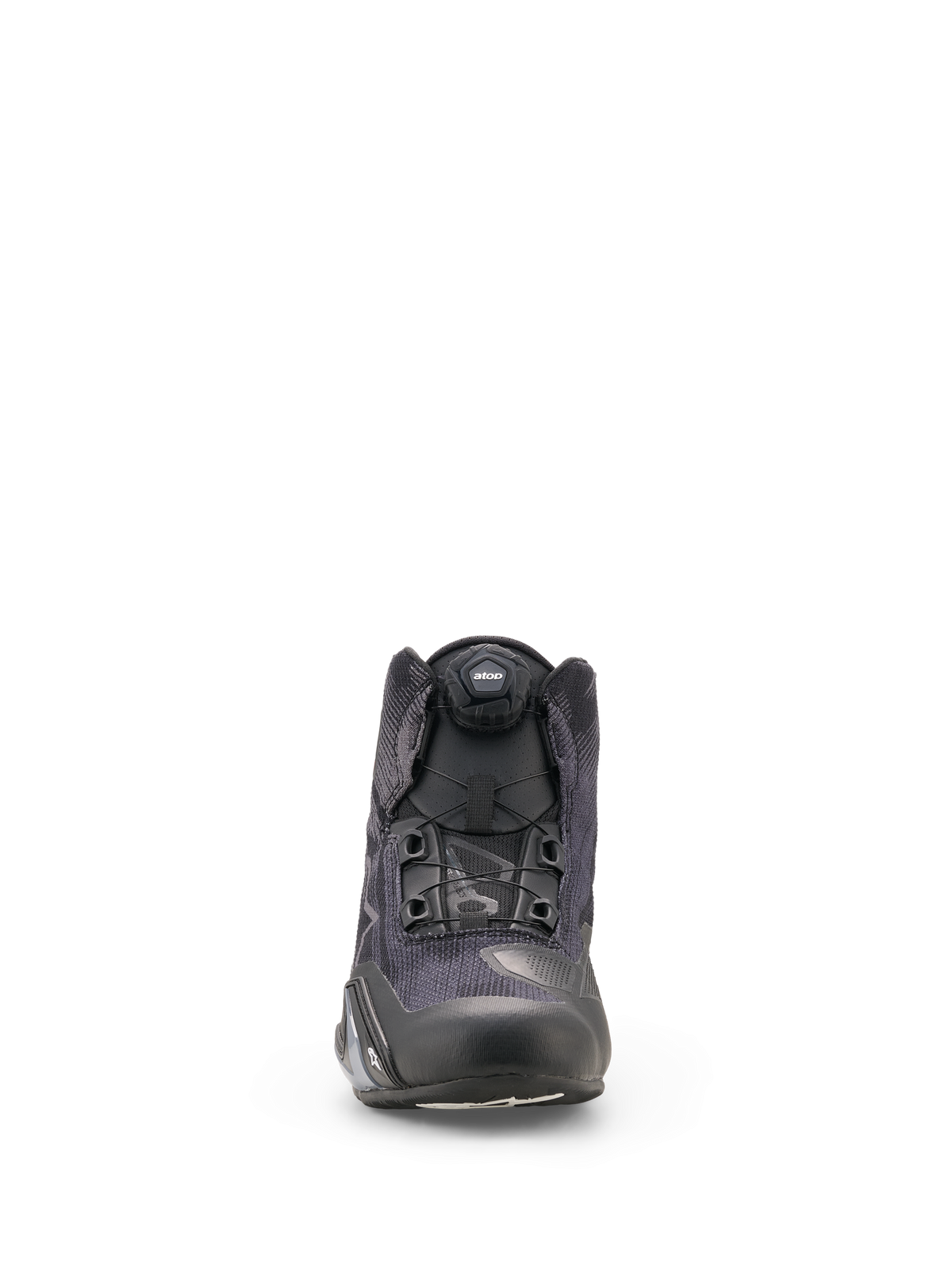 Scarpe Alpinestars Celer Superair, scarpe da moto, nero e grigio scuro, vista frontale con costruzione in tessuto ad alto flusso d'aria e sistema di chiusura Rotor integrato, design atletico per motociclisti sportivi