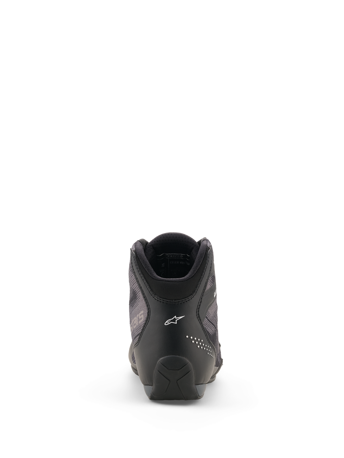 Scarpe Alpinestars Celer Superair, scarpe da moto, nero e grigio scuro, vista posteriore con il logo Alpinestars bianco sul tallone, costruzione in microfibra tecnica e tessuto ad alto flusso d'aria, design sportivo