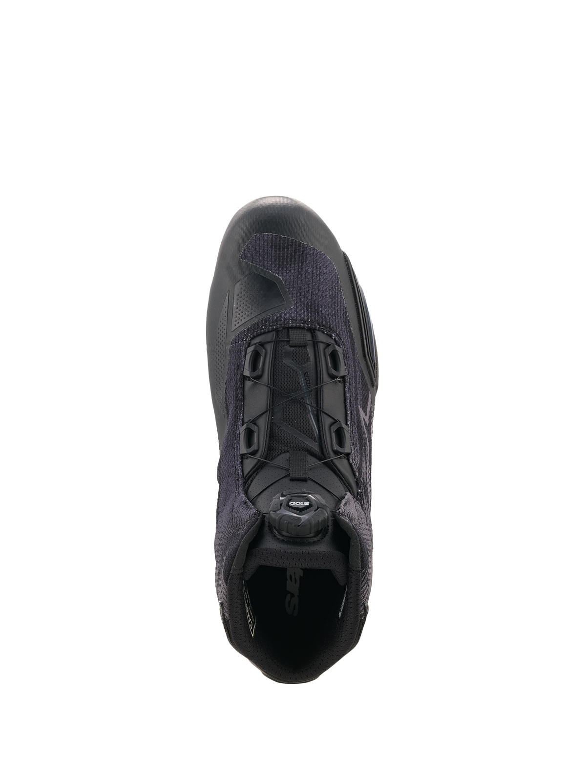 Scarpe Alpinestars Celer Superair, scarpe da moto, nero e grigio scuro, vista dall'alto che evidenzia il sistema di chiusura Rotor, costruzione in tessuto traspirante ad alto flusso d'aria e rinforzi sintetici protettivi
