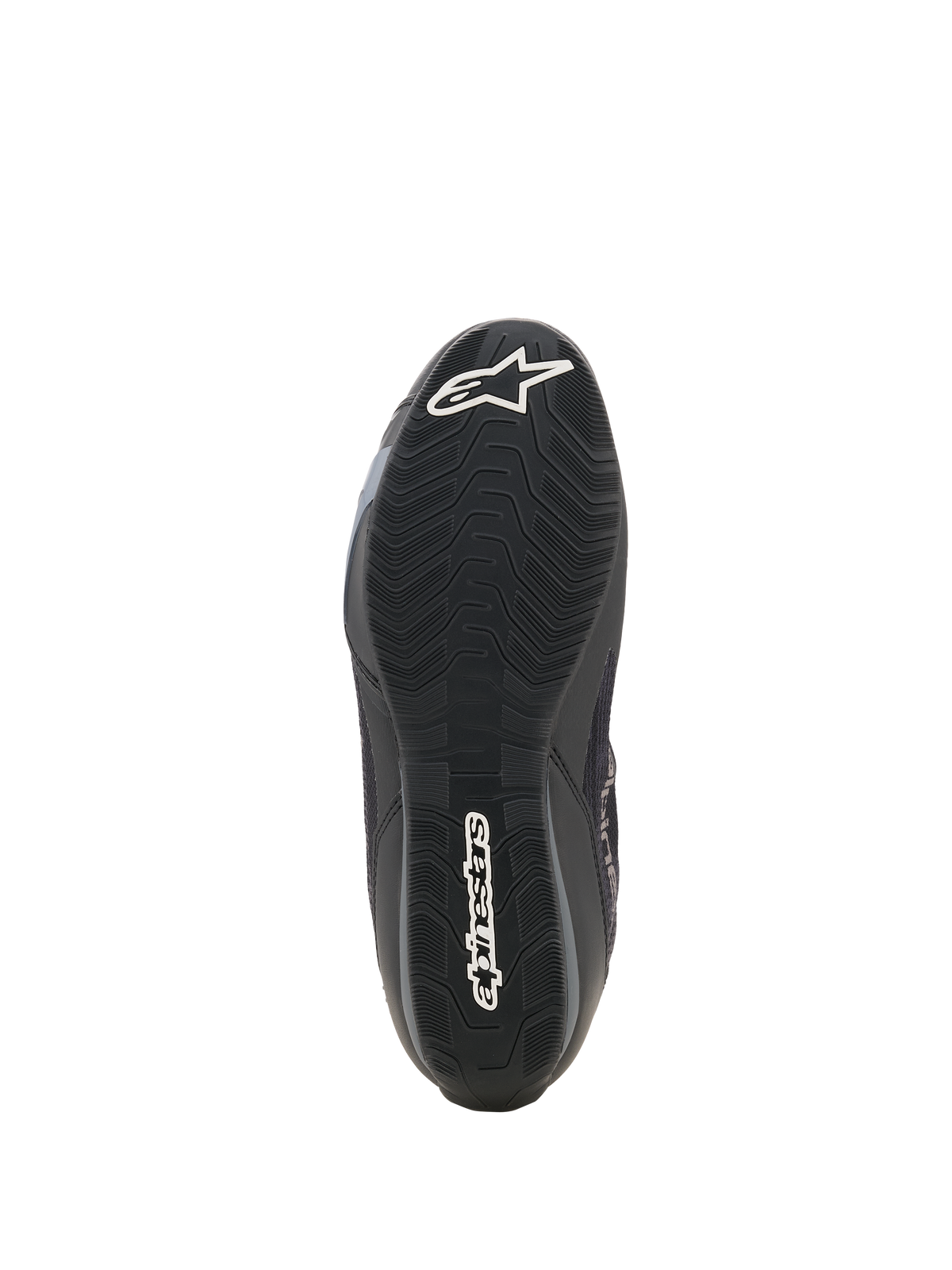 Scarpe Alpinestars Celer Superair, scarpe da moto, nero e grigio scuro, vista inferiore della suola in gomma testurizzata resistente all'olio, con logo a stella Alpinestars bianco sulla punta e marchio sul tallone