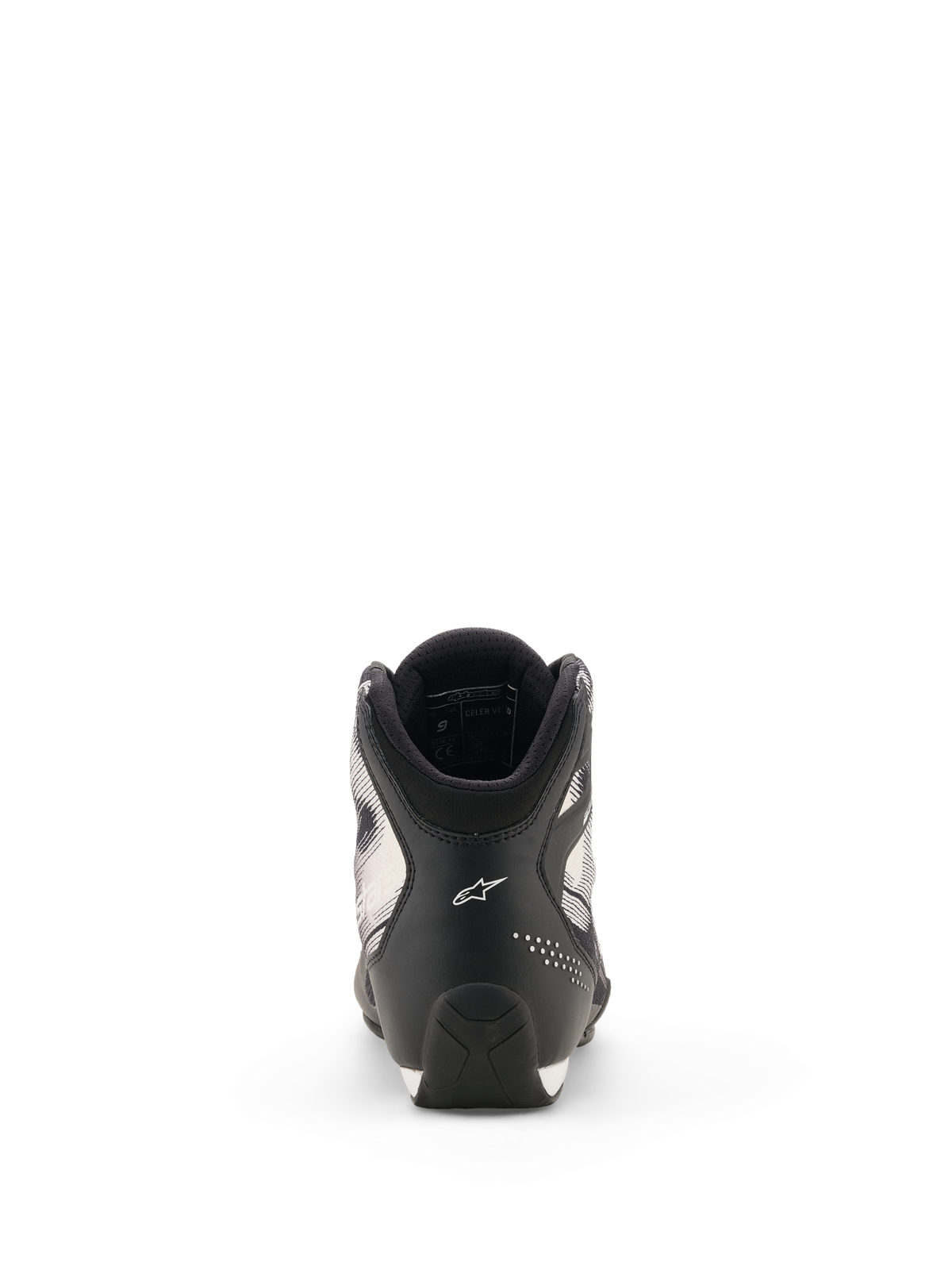 Scarpe Alpinestars Celer Superair, scarpe da moto, nero e bianco, vista posteriore che mostra il tallone con logo Astar bianco, dettagli traforati e design della suola testurizzato