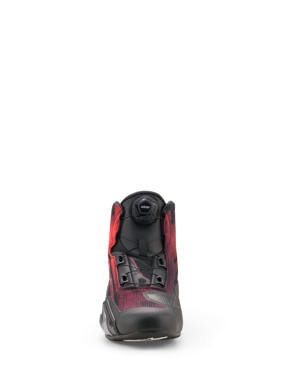 Scarpe Alpinestars Celer Superair, scarpe da moto, nero e rosso brillante, vista frontale con rotella del sistema di chiusura Rotor e tomaia in tessuto traspirante con rinforzi protettivi