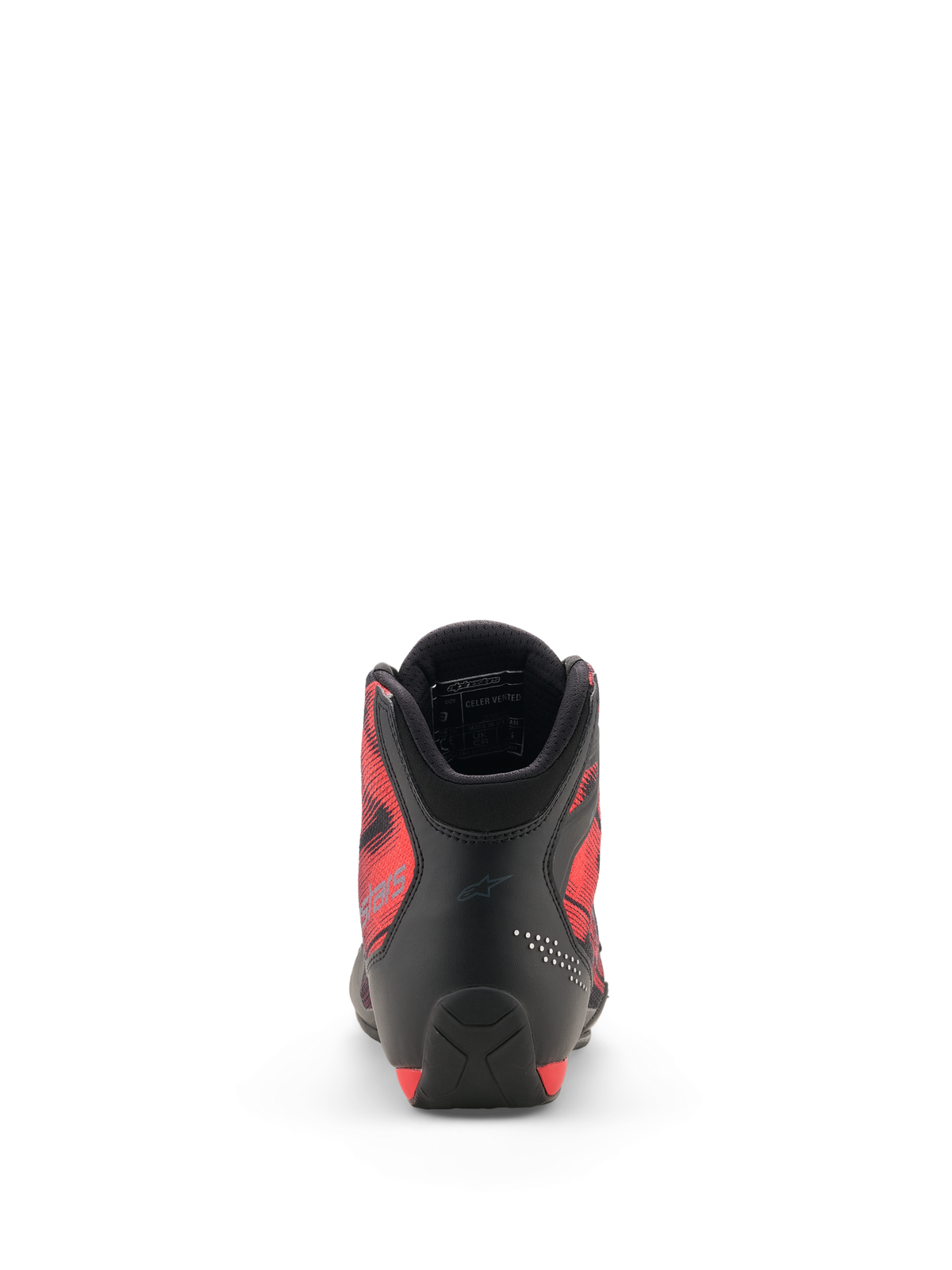 Scarpe Alpinestars Celer Superair, vista posteriore, nero e rosso brillante, con tallone in microfibra rinforzata, pannelli laterali in tessuto traspirante rosso con design grafico e colletto imbottito con fodera in mesh 3D, calzature da moto sportive