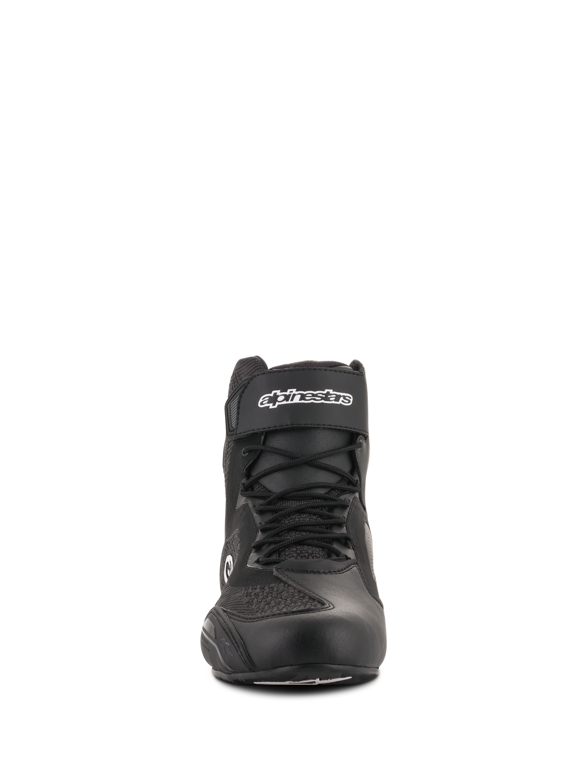 Scarpe Alpinestars Faster-3 Rideknit®, scarpe da moto, nero, vista frontale, con cinturino alla caviglia a strappo con logo bianco, lacci e pannelli in mesh traspirante, calzature da strada dal design snello