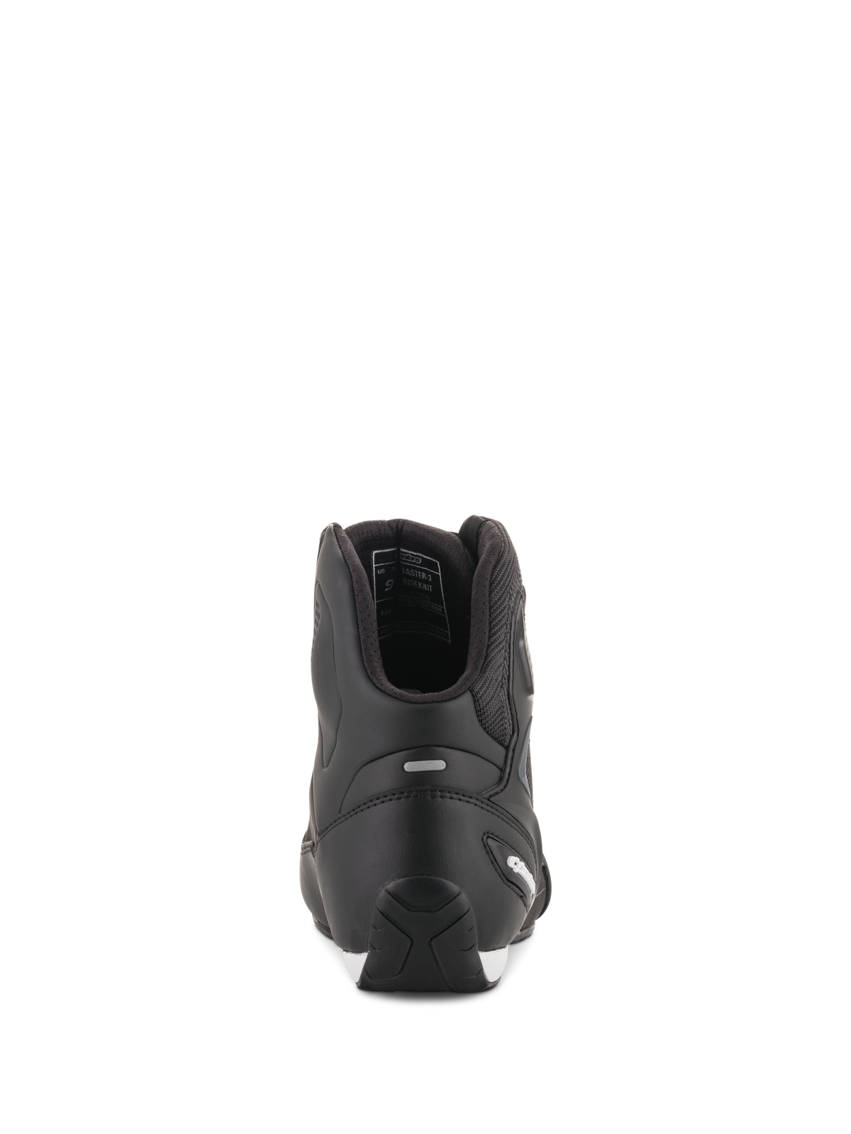 Alpinestars Faster-3 Rideknit® Shoes, scarpe da moto nere, vista posteriore con contrafforte in TPR e struttura in microfibra, calzature da corsa su strada eleganti e protettive