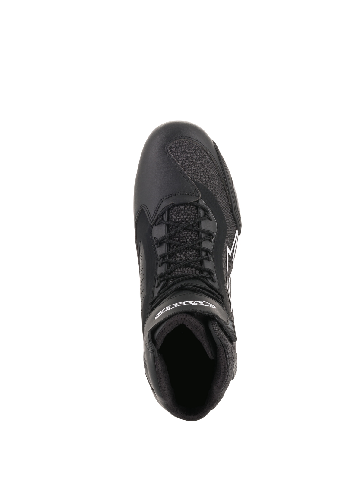 Scarpe Alpinestars Faster-3 Rideknit®, nero, vista dall'alto che mostra lacci e pannelli in rete traspirante, costruzione leggera in microfibra e maglia, calzature da moto performanti