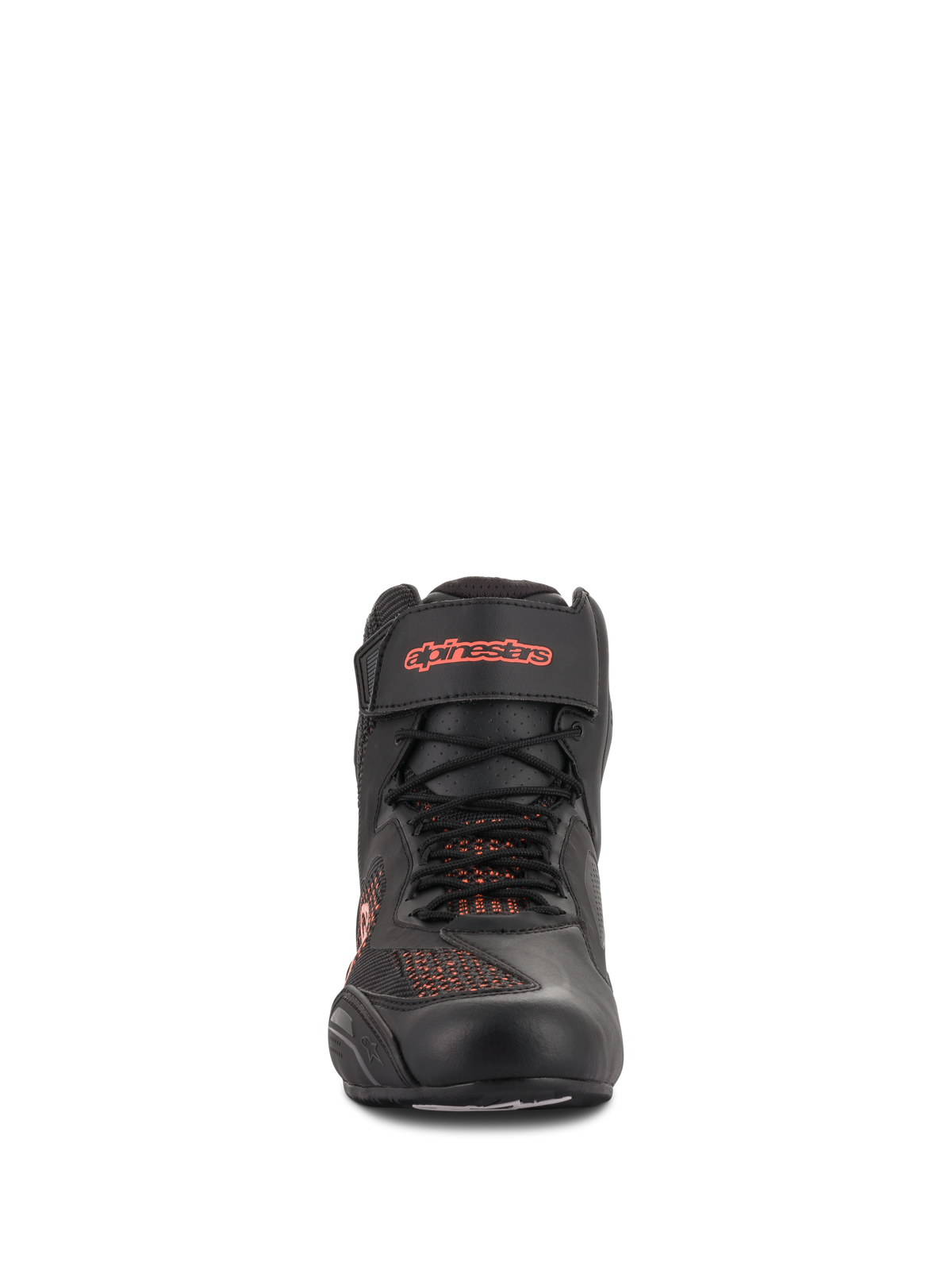 Scarpe Alpinestars Faster-3 Rideknit®, Nero e Rosso Fluo, vista frontale, scarpa da moto con pannelli in mesh traspirante e cinturino alla caviglia in velcro con logo rosso