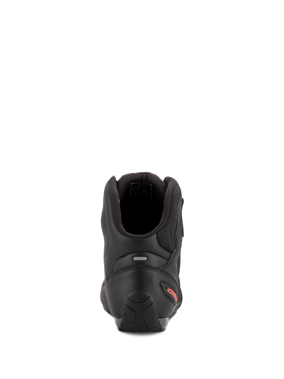 Scarpe Alpinestars Faster-3 Rideknit®, scarpe da moto, nero e rosso fluo, vista posteriore che mette in risalto il contrafforte del tallone in TPR, il colletto imbottito e il dettaglio del logo rosso sul tallone.