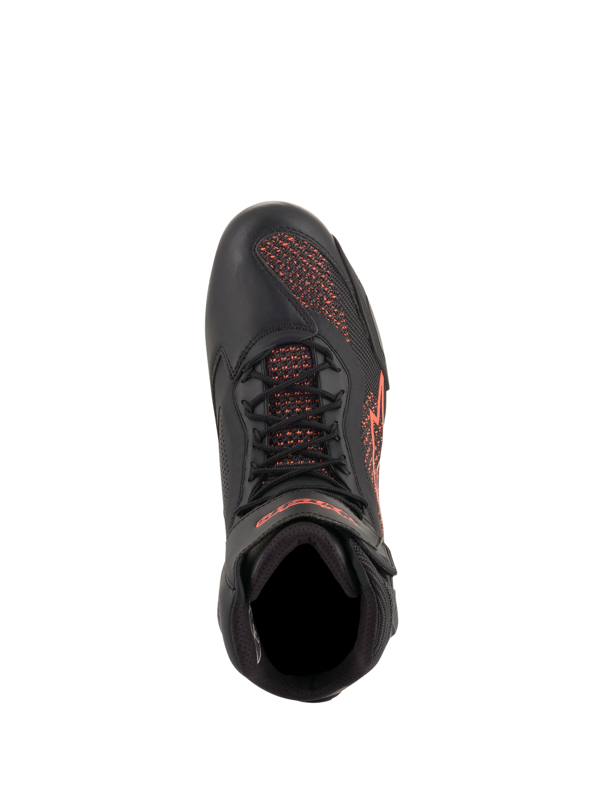 Scarpe Alpinestars Faster-3 Rideknit®, scarpe da moto, nero e rosso fluorescente, vista dall'alto, con pannelli in maglia traspirante e struttura in microfibra con dettagli del logo rossi