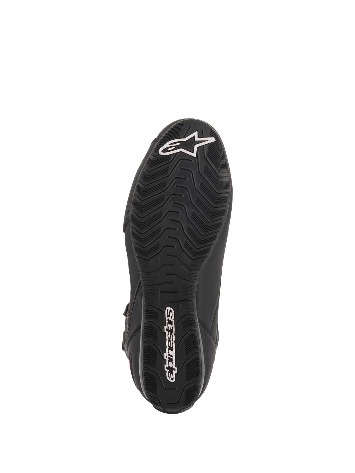 Alpinestars Faster-3 Rideknit® Shoes, scarpe da moto nere, vista della suola con trama antiscivolo e loghi Alpinestars bianchi su punta e tallone