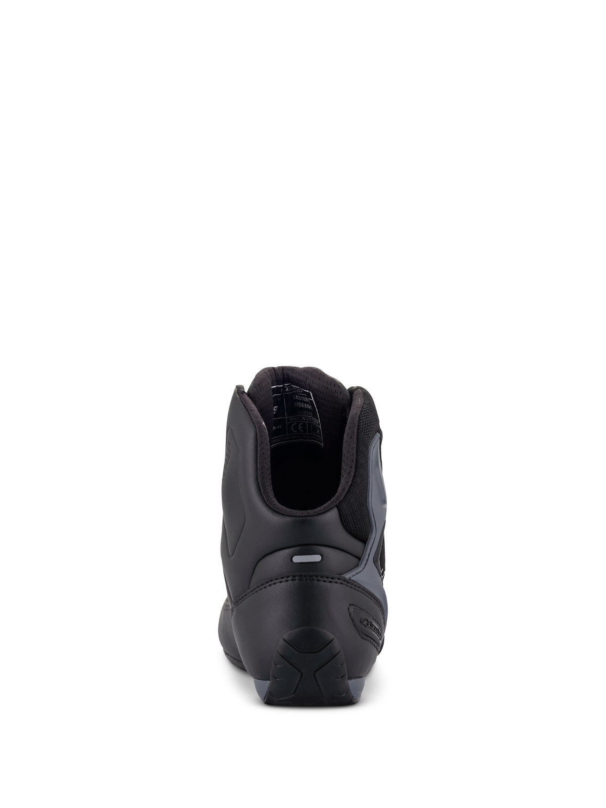 Alpinestars Faster-3 Rideknit®, scarpe da moto, nero, grigio e rosso acceso, vista posteriore che mostra il contrafforte del tallone in TPR e il colletto imbottito, elegante costruzione in microfibra e tessuto
