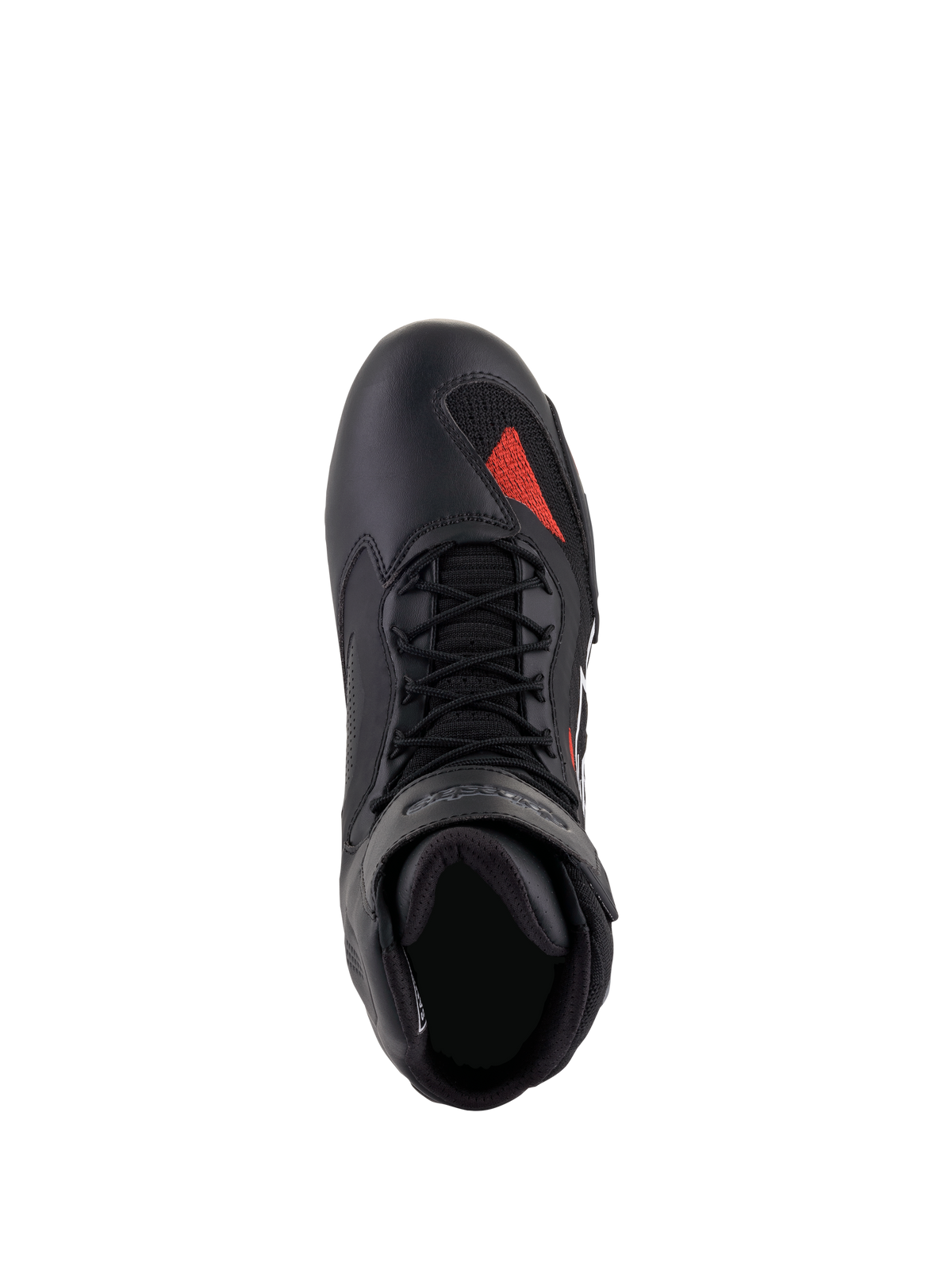 Scarpe Alpinestars Faster-3 Rideknit®, Nero Grigio Rosso Brillante, vista dall'alto, con tomaia in microfibra nera e inserto in maglia rossa sulla punta, lacci neri e colletto imbottito, calzatura tecnica da moto