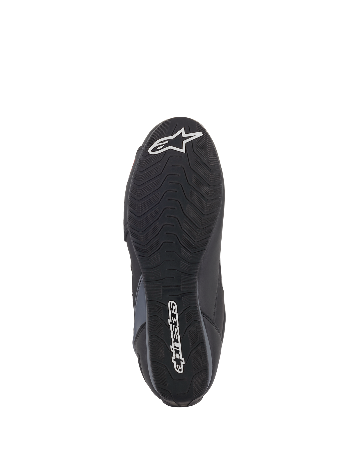 Scarpe Alpinestars Faster-3 Rideknit®, vista della suola, suola in gomma nera con motivo di trazione ondulato, con scritta Alpinestars e logo a stella bianchi, dettaglio del grip per la guida in moto