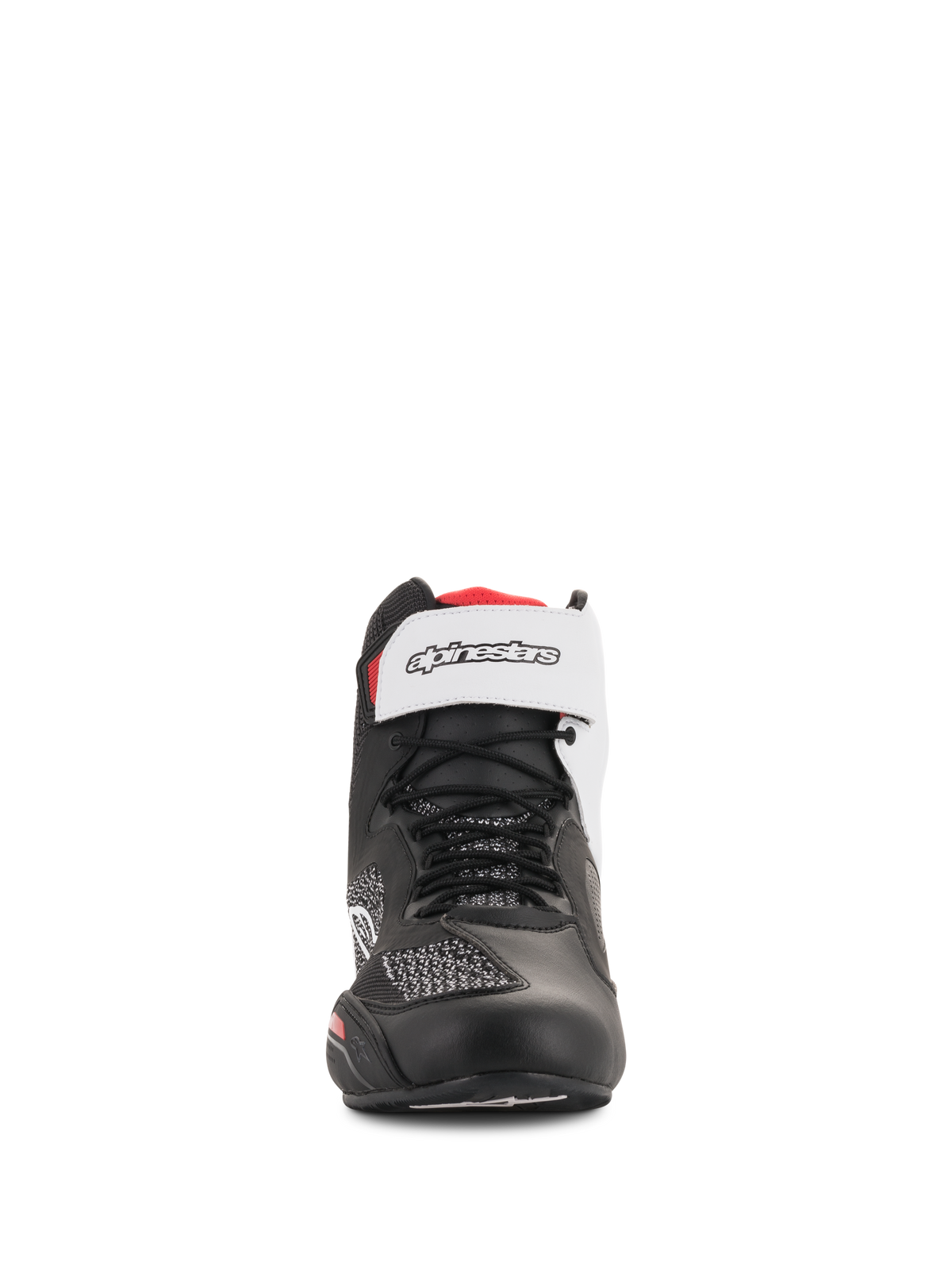 Scarpe Alpinestars Faster-3 Rideknit®, nero, bianco e rosso, vista frontale, con lacci neri e cinturino bianco a strappo sulla caviglia con marchio, tomaia in mesh traspirante e microfibra, calzature tecniche da moto