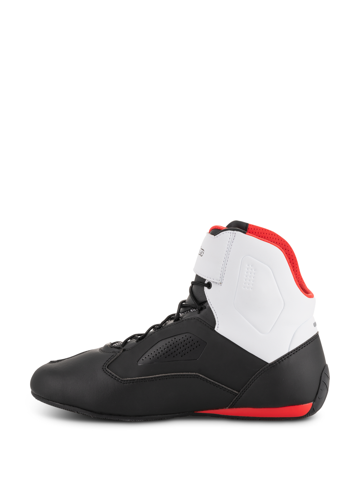 Scarpe Alpinestars Faster-3 Rideknit®, scarpe da moto, nero, bianco e rosso, profilo laterale con telaio inferiore nero, pannello sulla caviglia bianco, fodera interna rossa e dettaglio rosso sulla suola nel tallone, design sportivo da corsa su strada